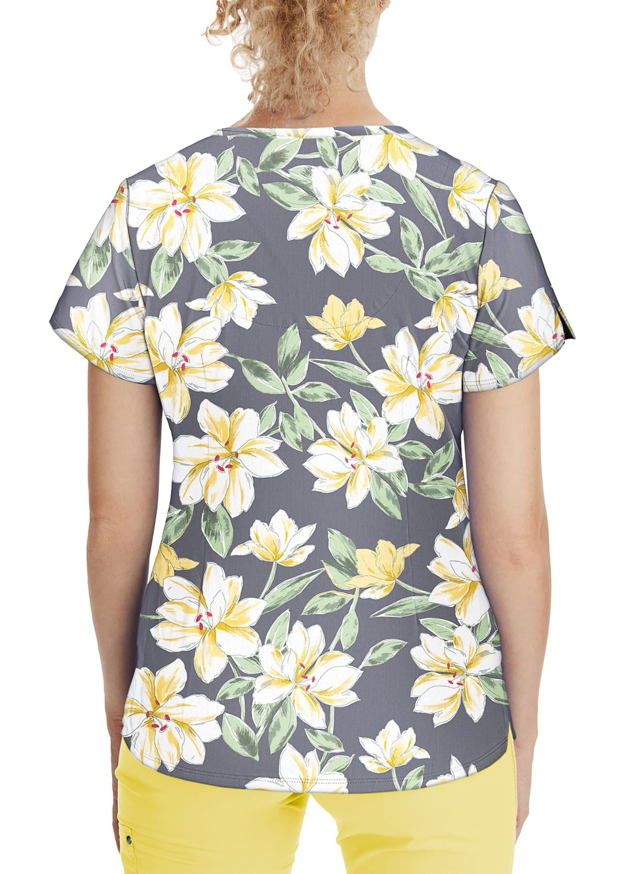 Healing Hands Purple Label Isabel Sunny Azalea Print Button Neck Scrub