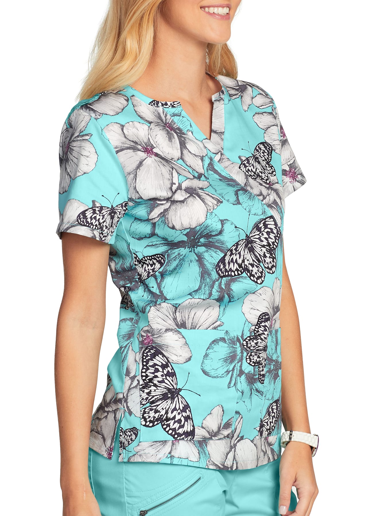 Beyond Scrubs Butterfly Garden Mock Wrap Print Scrub Top Scrubs & Beyond