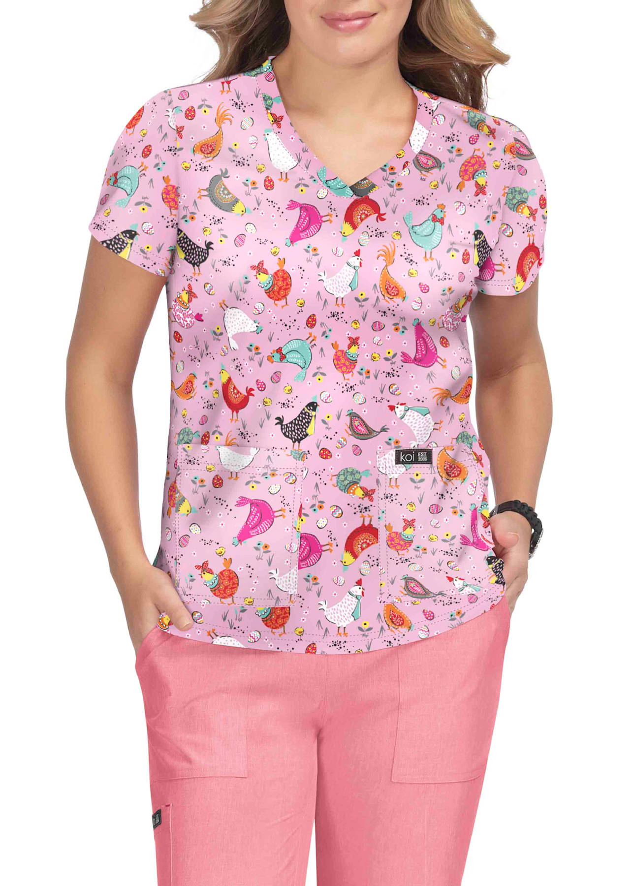 Leslie Hen House V-Neck Print Scrub Top | Scrubs & Beyond