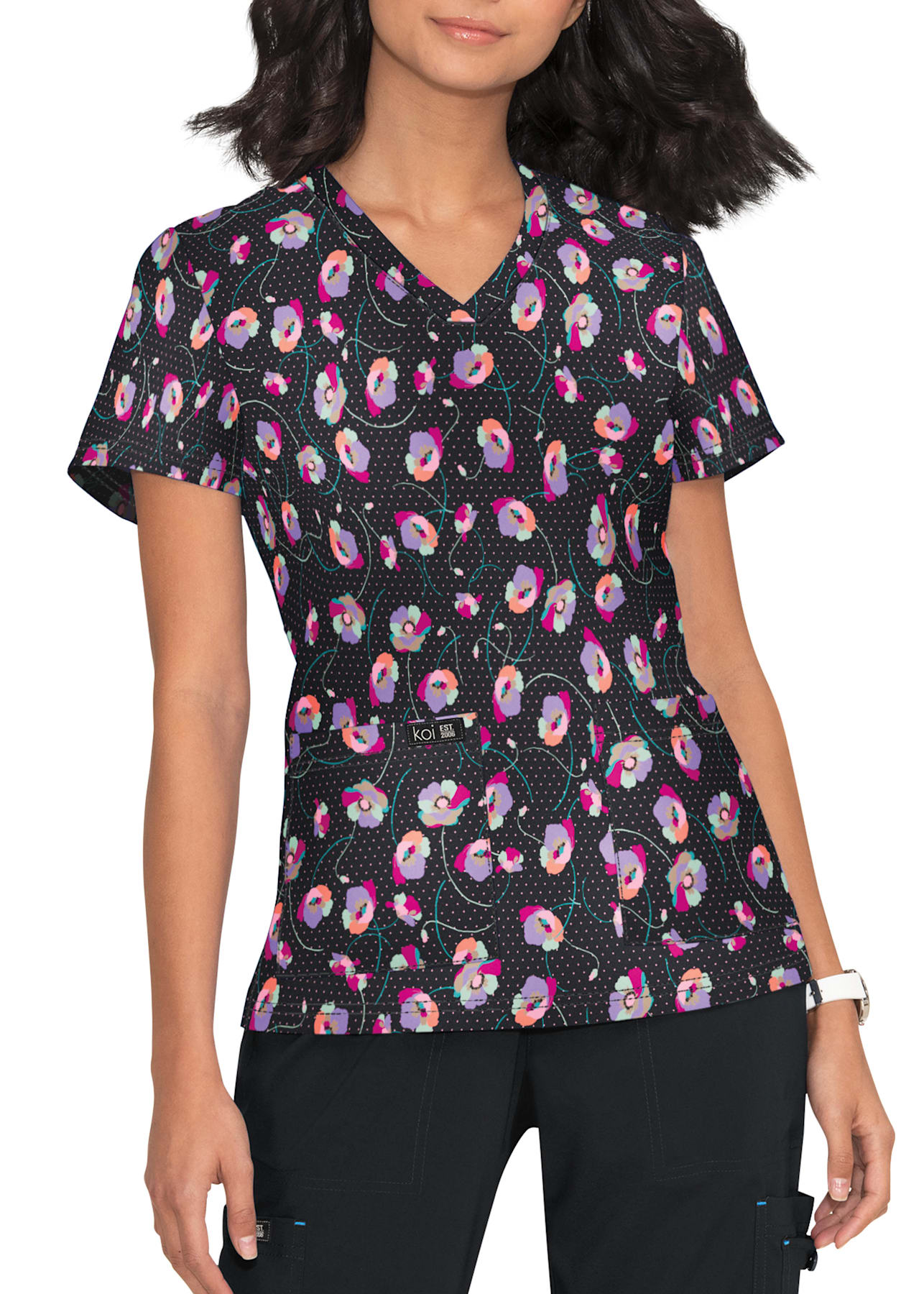 Koi Basics Leslie Poppies Print V-Neck Top | Scrubs & Beyond | Scrubs ...