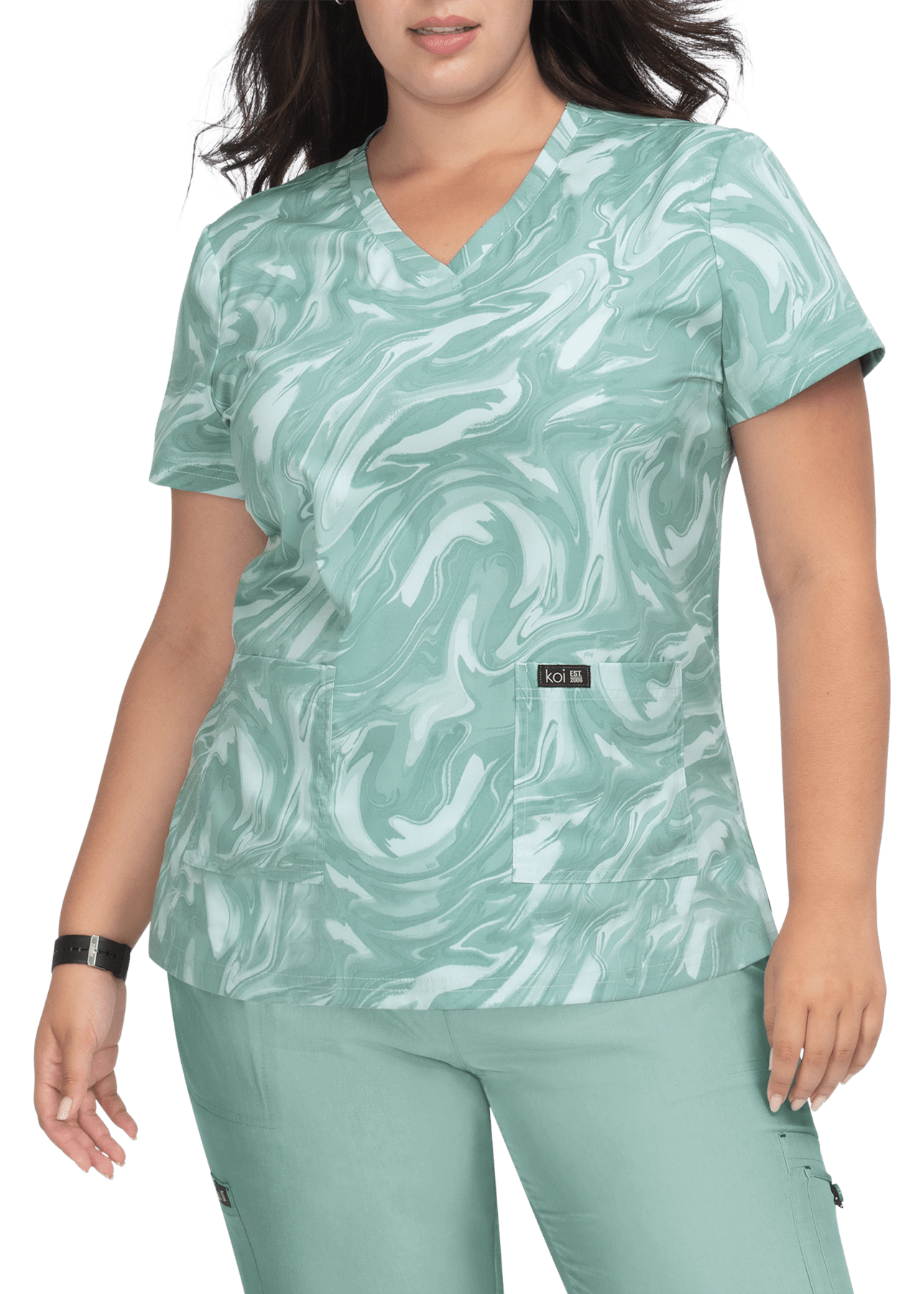 Koi Basics Leslie Sage All Over Marble Print VNeck Scrub Top Scrubs