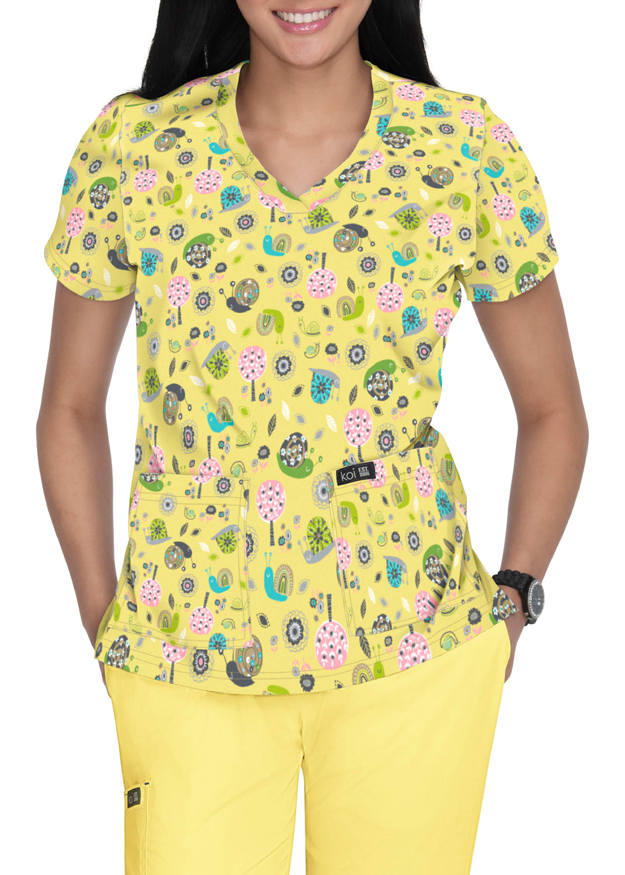 Leslie Sunny Snails Print VNeck Top Scrubs & Beyond
