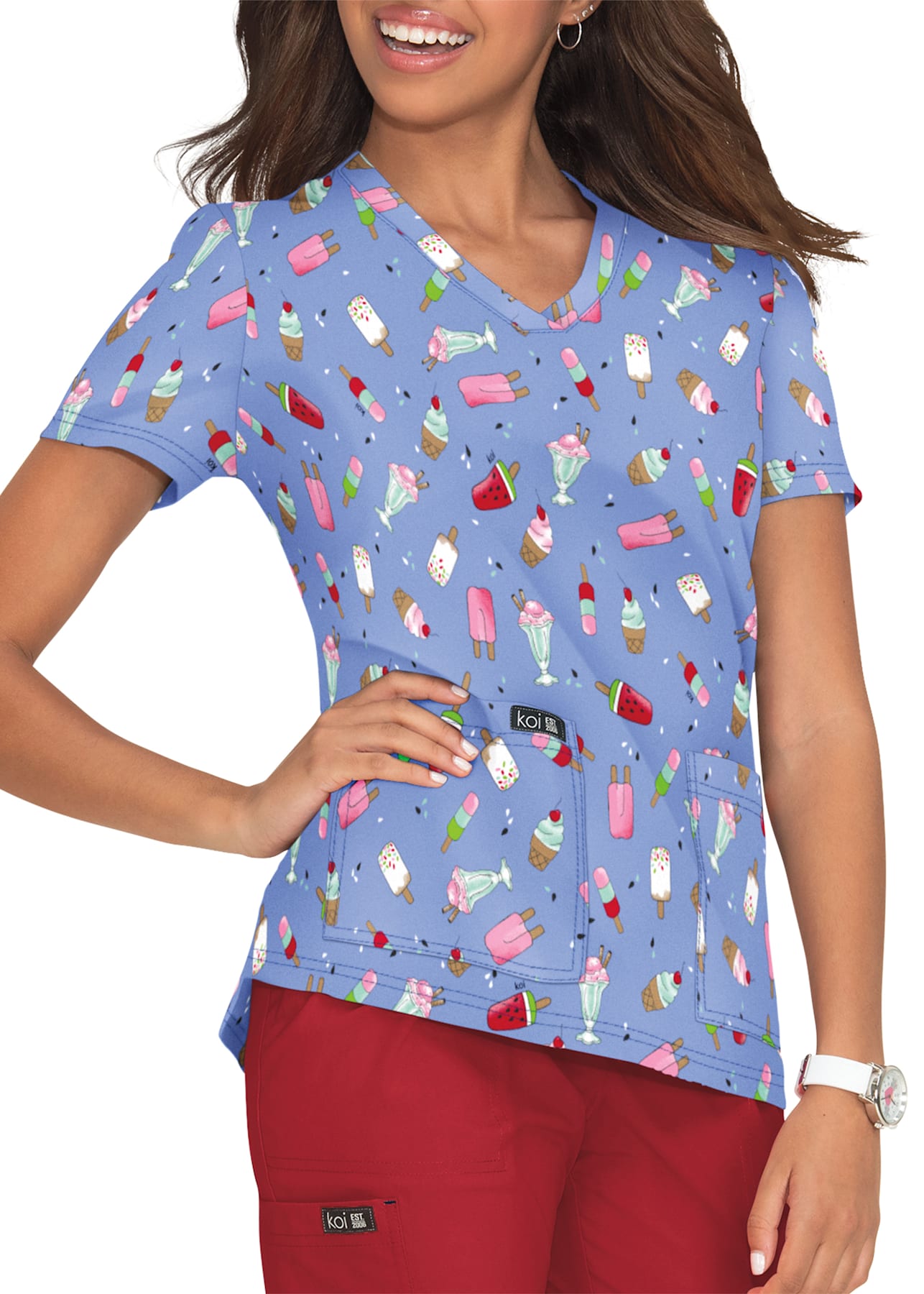 Koi Basics Sweet Tooth Print 2Pocket VNeck Print Scrub Top Scrubs