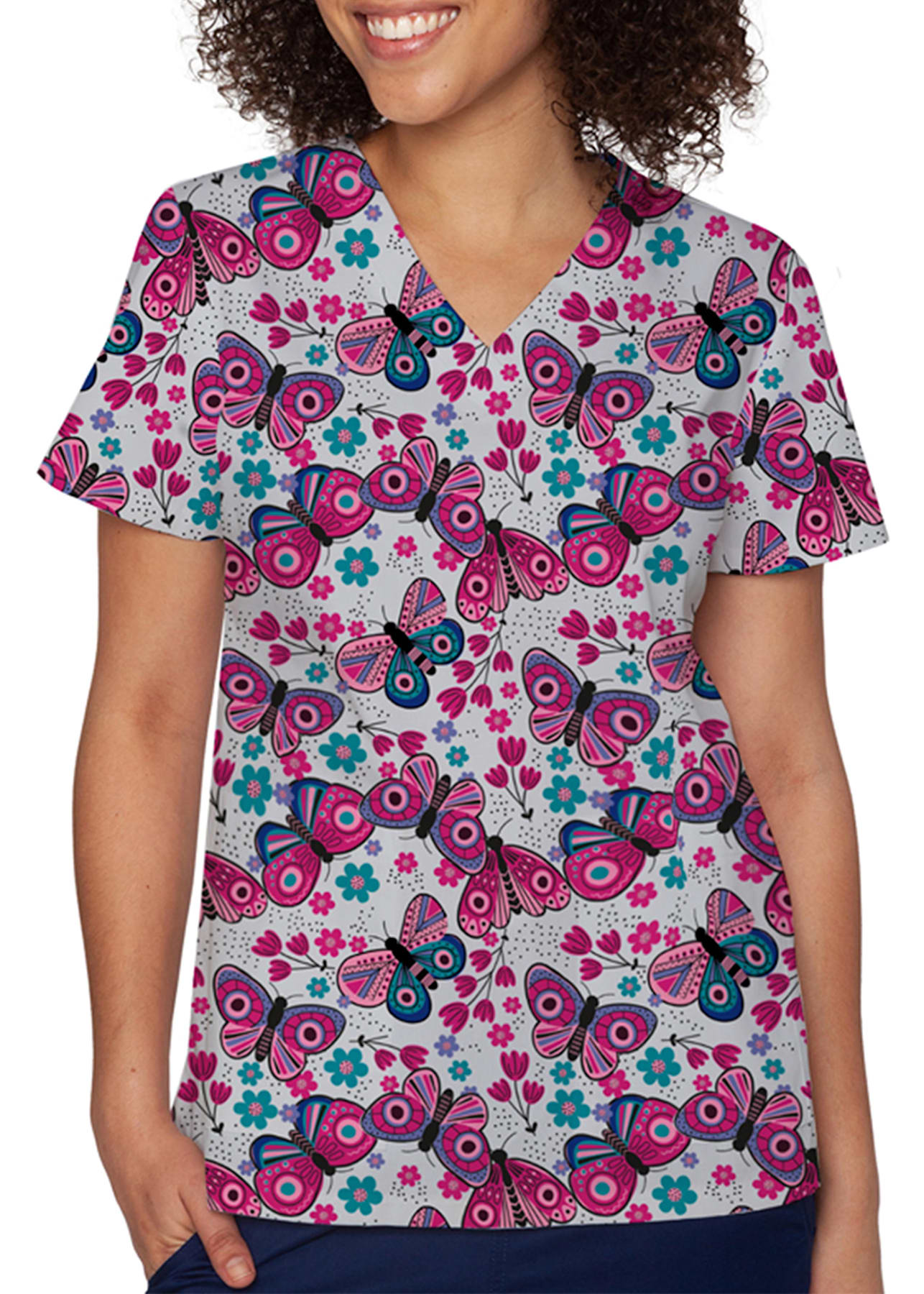 Colorful Butterfly Pattern Scrub Tops for Ladies, Women's Comfy Stretch  Scrub Nurse Uniforms