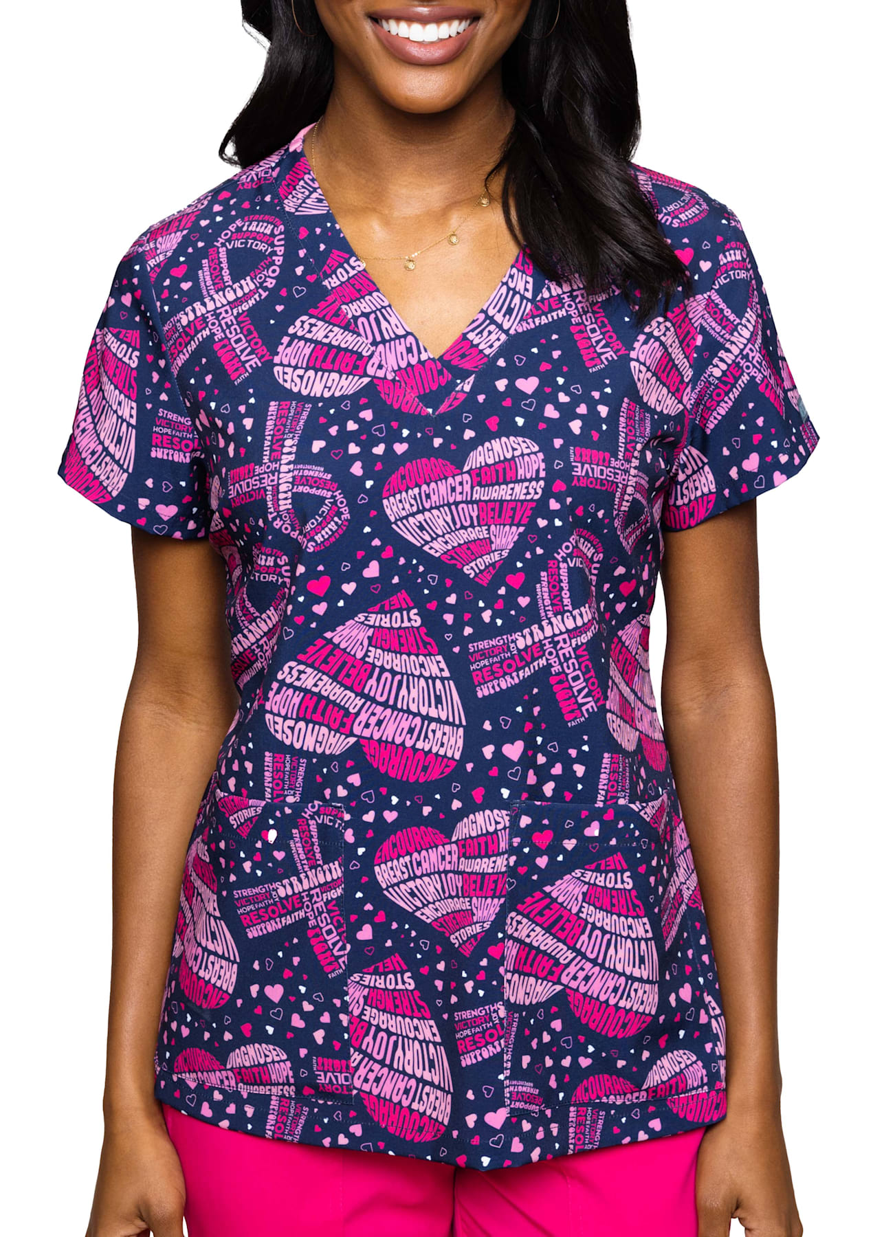 Med Couture Breast Cancer Awareness Print VNeck 2Pocket Scrub Top