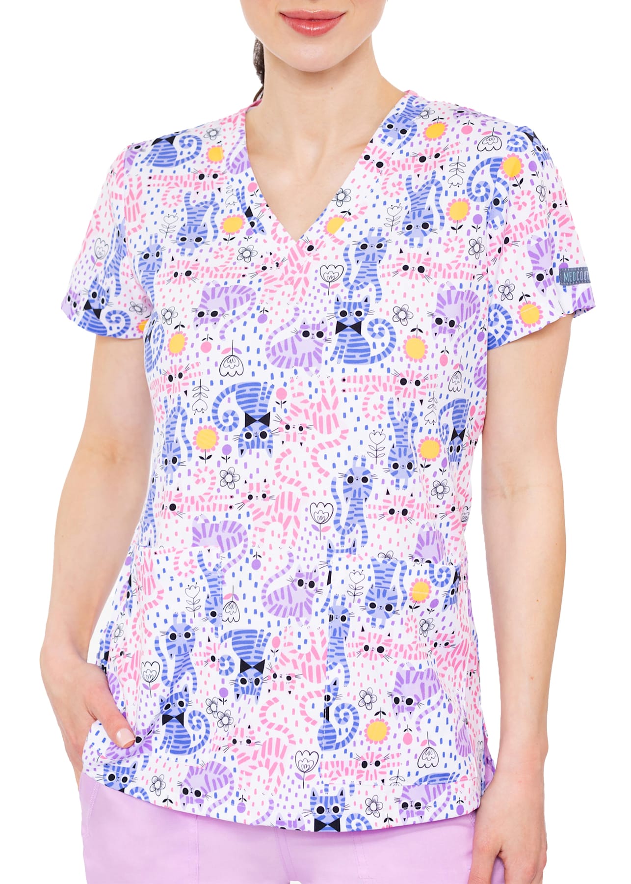 Cheerful Kitties V-Neck Print Top | Scrubs & Beyond