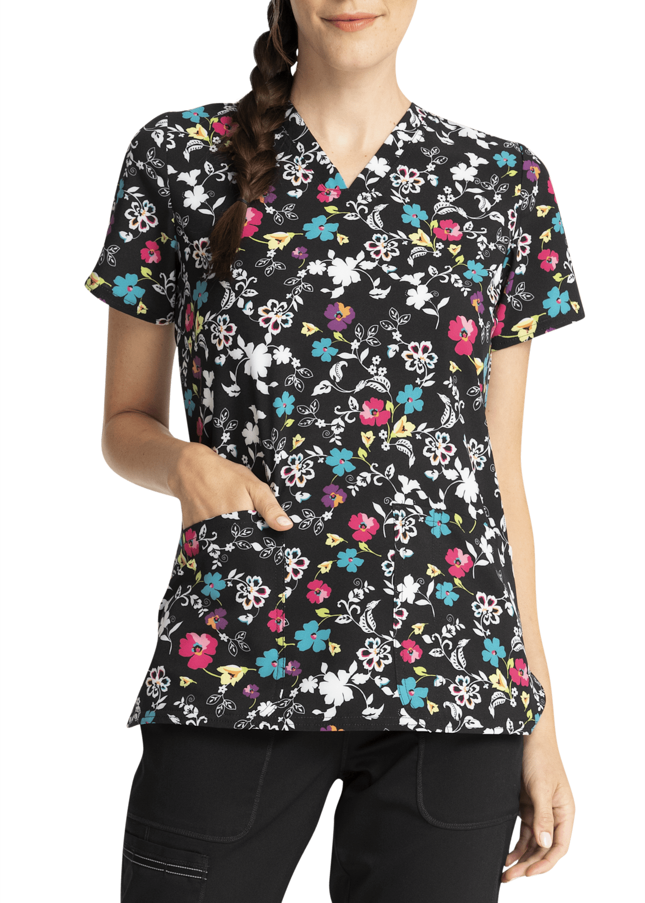 Cherokee Scroll For It VNeck Print Scrub Top Scrubs & Beyond Scrubs