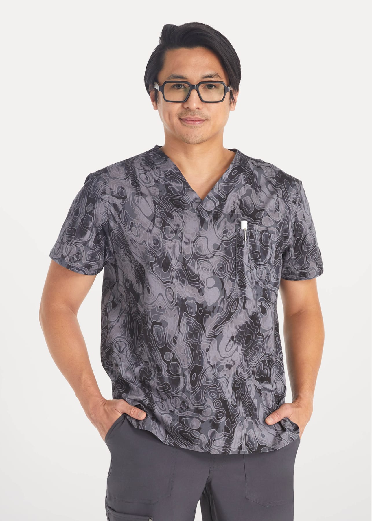 Men's Tonal Topography VNeck Print Top Scrubs & Beyond