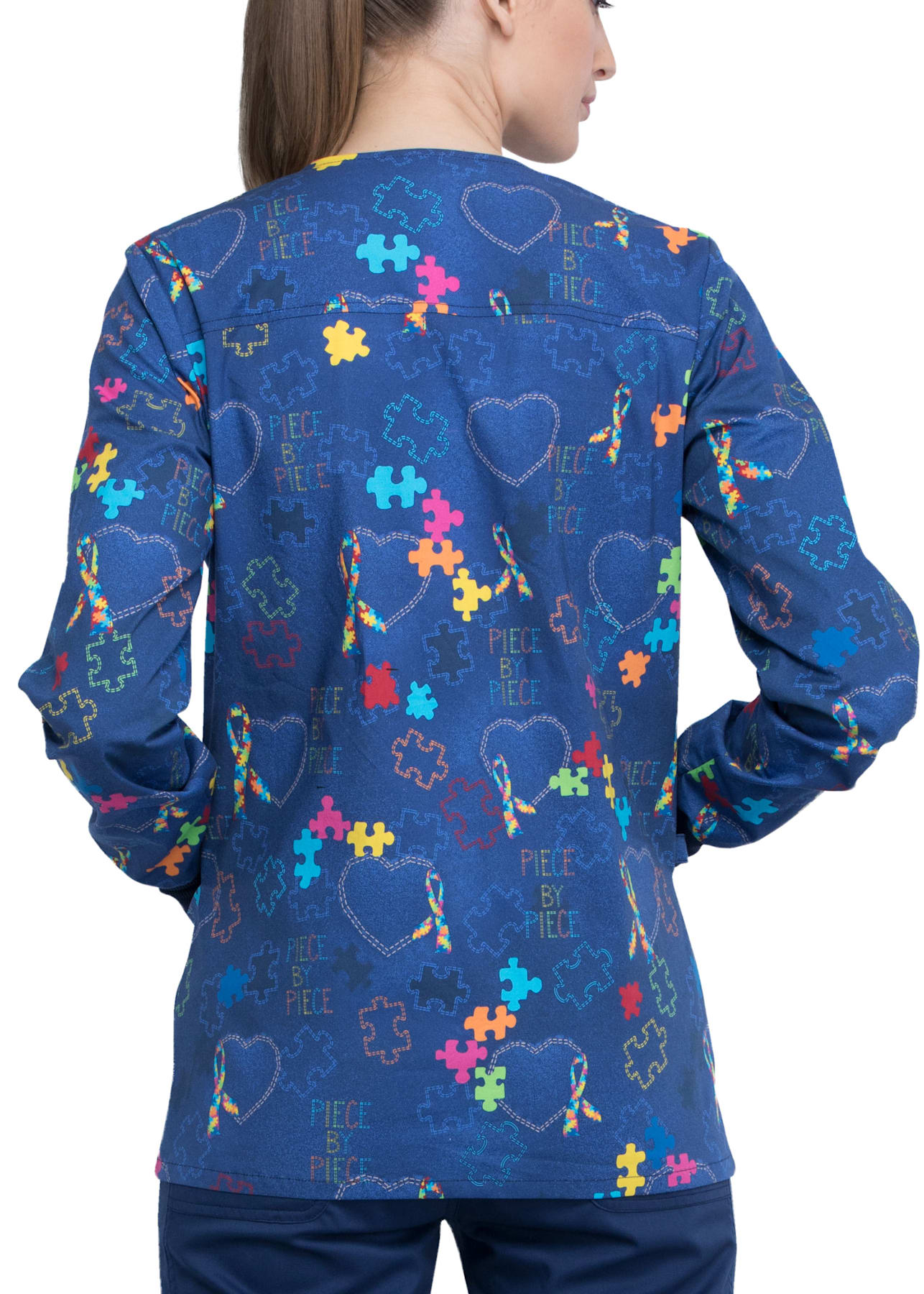 Cherokee Piece of My Heart Autism Awareness Print Scrub Jacket Scrubs & Beyond