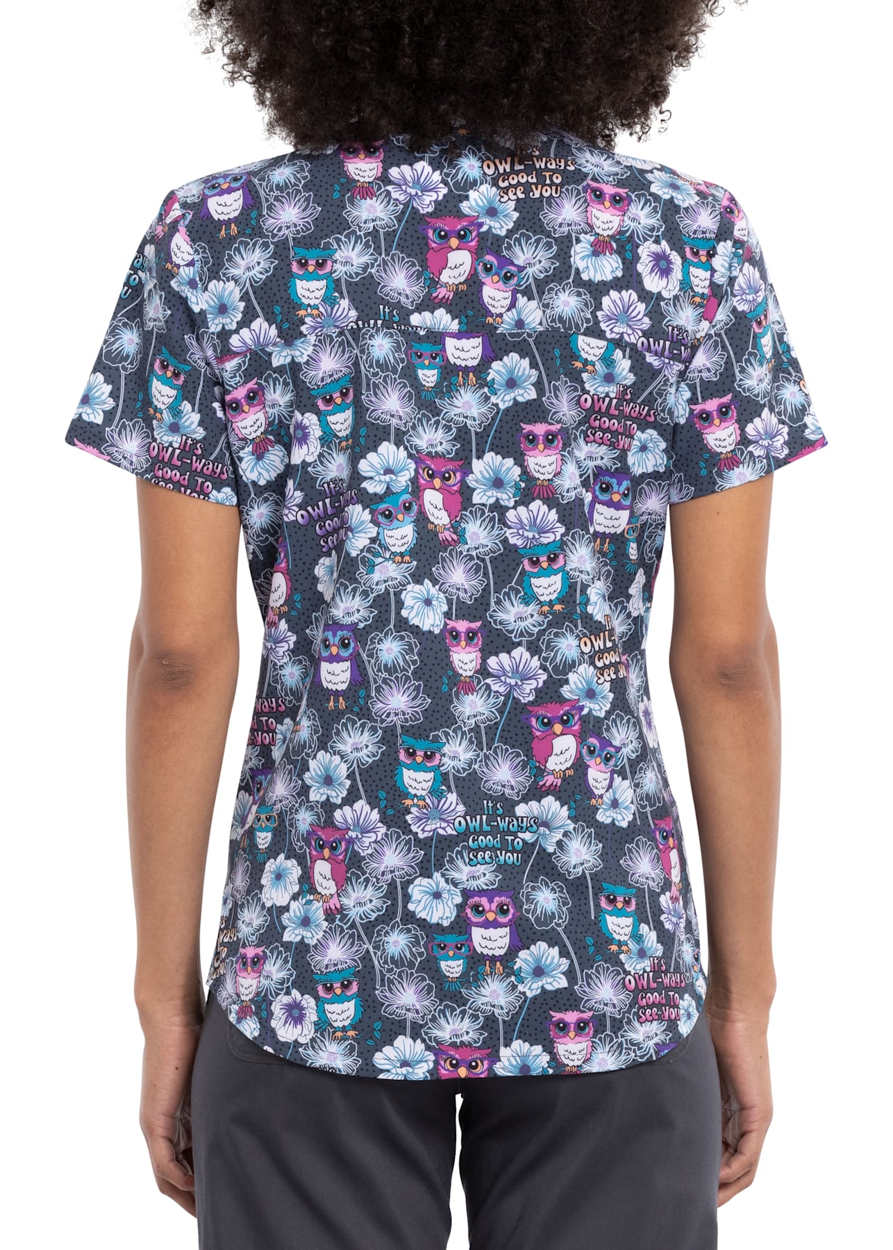 Cherokee Owl ways Good To See You V Neck Print Scrub Top