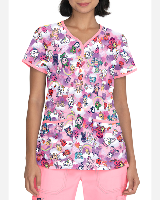 koi Tokidoki Sweet Cafe Women's 2-Pocket STRETCH V-Neck Print