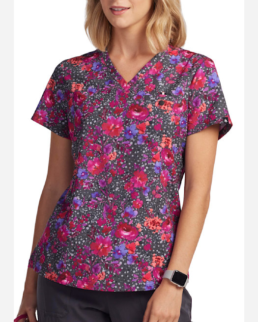 Clearance iflex by Cherokee Women's Mock Wrap Watercolor Petals Print Scrub  Top