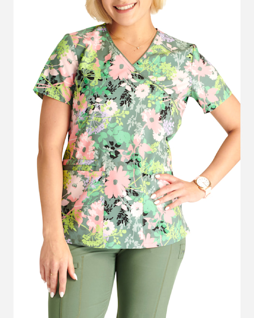 Clearance iflex by Cherokee Women's Knit Panel Breezy Buds Print Scrub Top