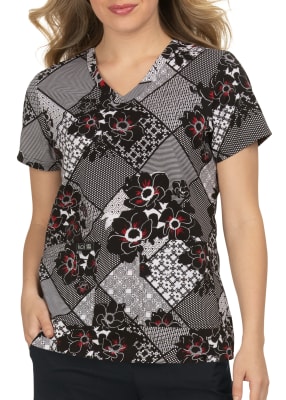 Koi Basics Patchwork Flower V-Neck Print Scrub Top (384PR-PKF) - ScrubsRoom