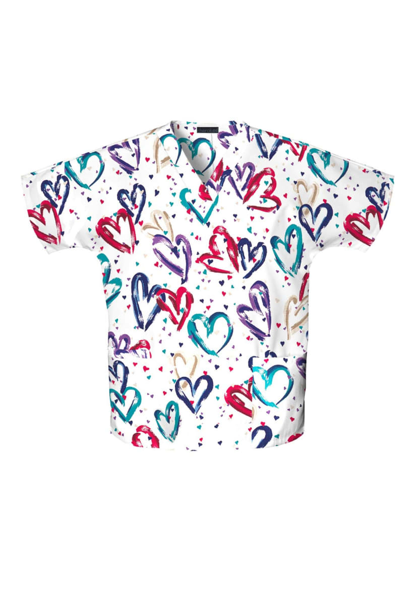 Cherokee Heartbeat Print V-Neck Scrub Tops