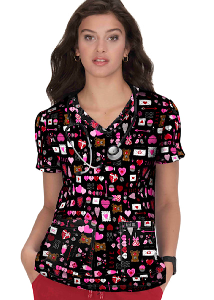  Recent Orders Womens Heart Print Scrub Shirts V-Neck