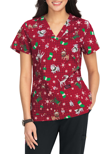 Betsey Johnson Holly Jolly Puppies Print 2 Pocket V-Neck Top