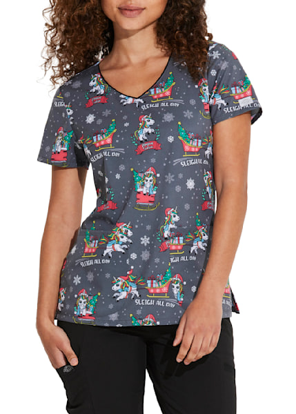 Women's Christmas Print Scrub Top