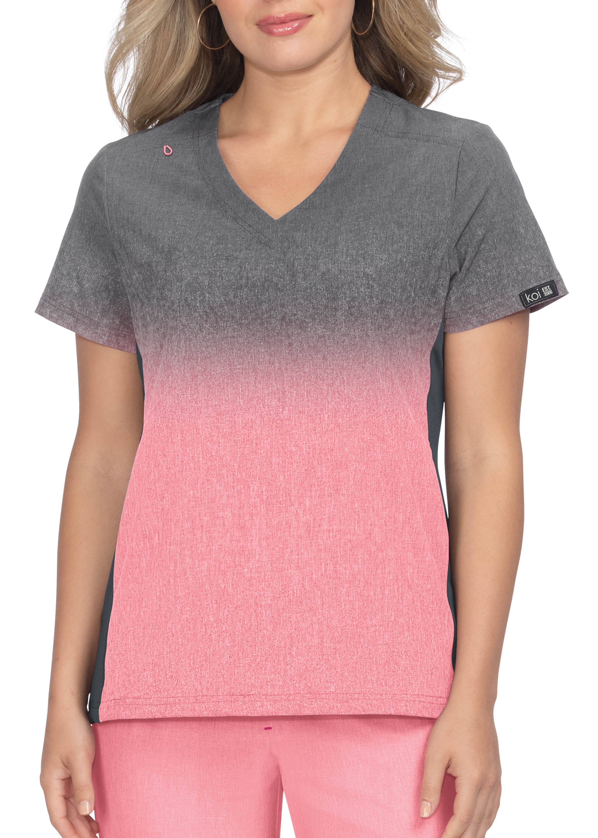Koi Basics Charcoal Heather Soft Pink Ombre Print 2Pocket VNeck Scrub