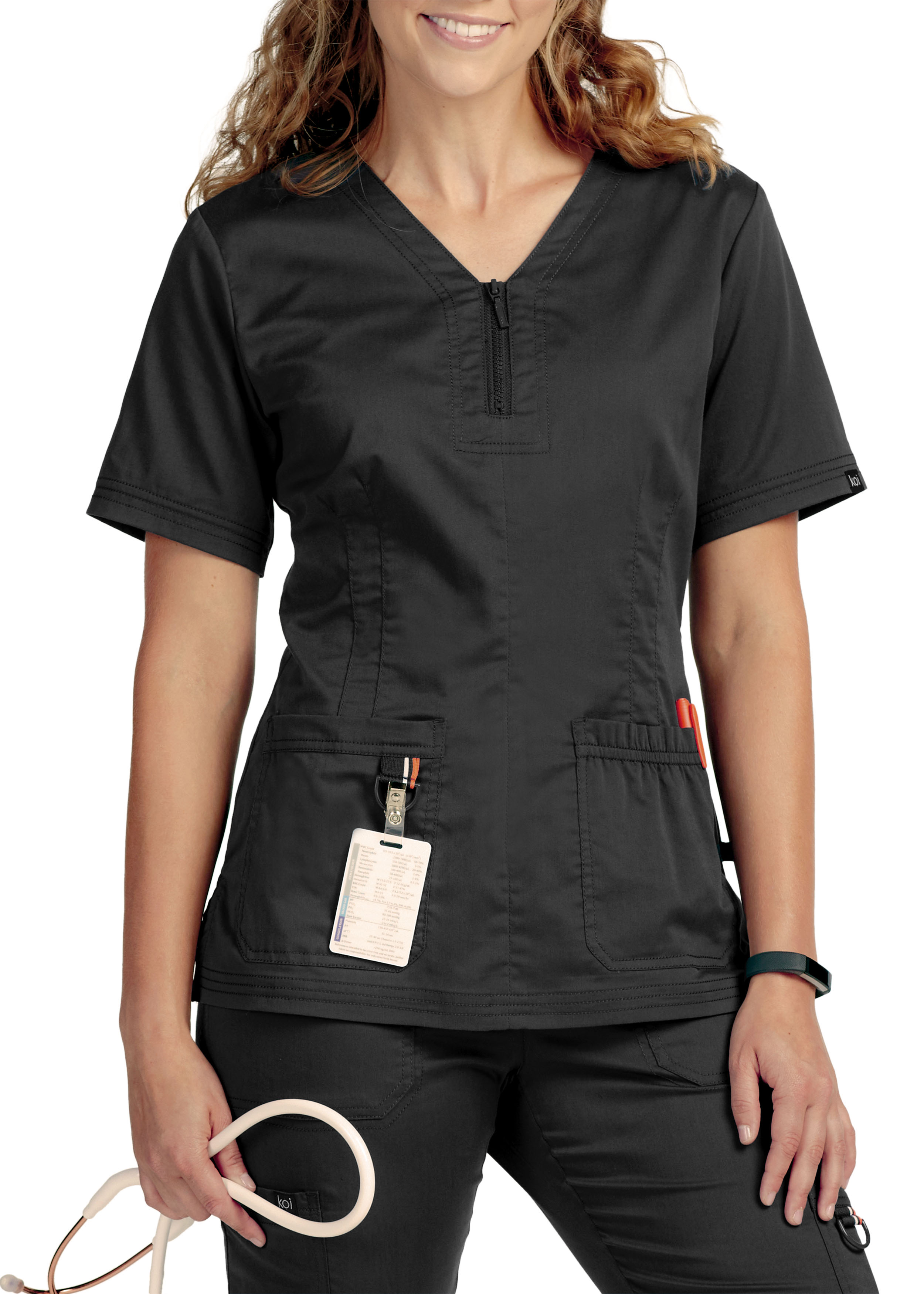 Koi Stretch Regan 2Pocket Hidden Detail ZipFront Scrub Top w/ Badge
