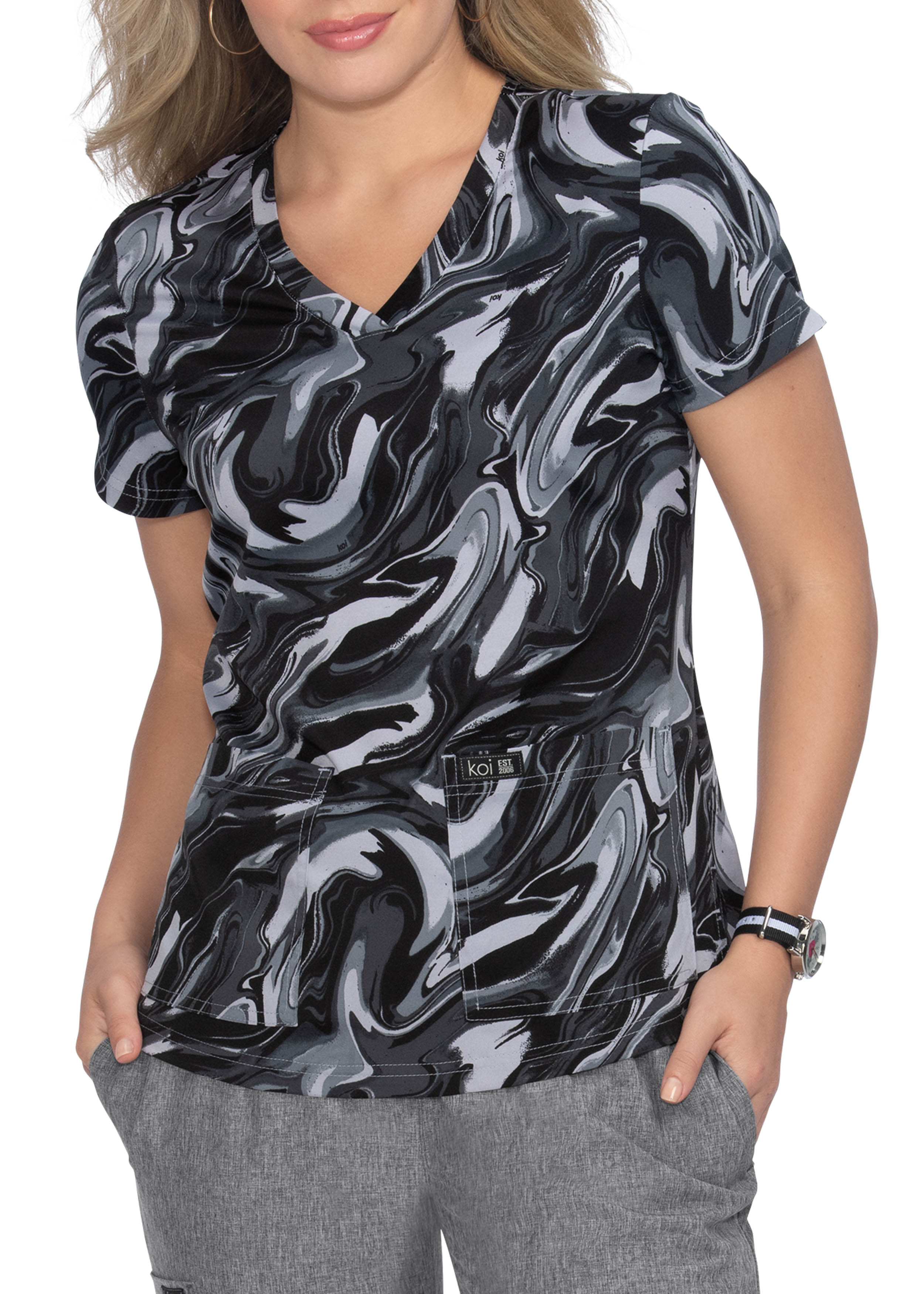Koi Basics All Over Marble Print 2Pocket VNeck Scrub Top Scrubs