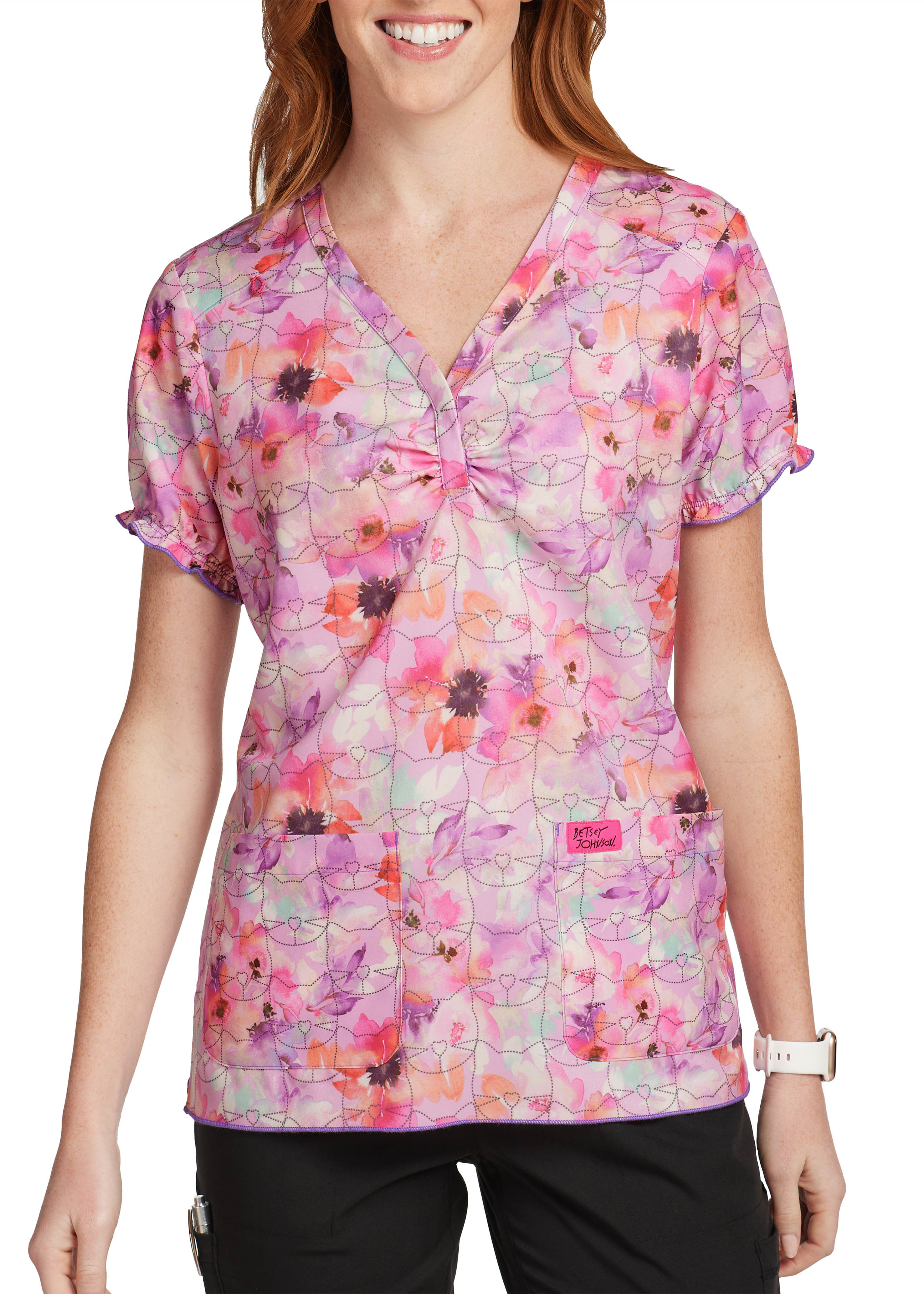 Betsey Johnson Floral Dream Kitty Print 2-Pocket V-Neck Scrub Top