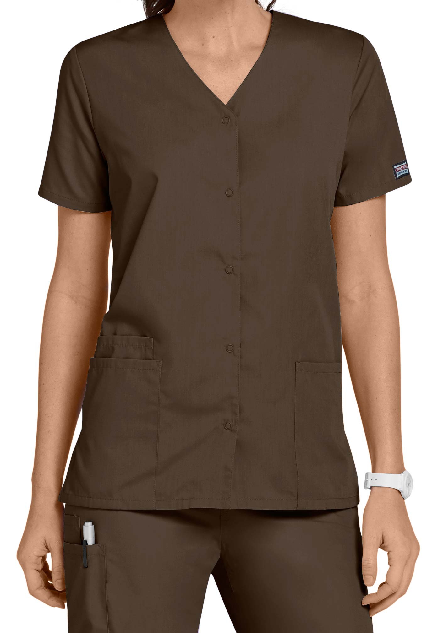 Cherokee Workwear Snap Front V-Neck Scrub Top