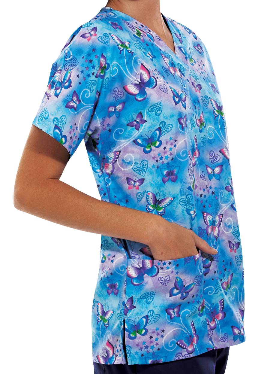 Cherokee Scrub HQ Fly By Night V-Neck Print Scrub Top