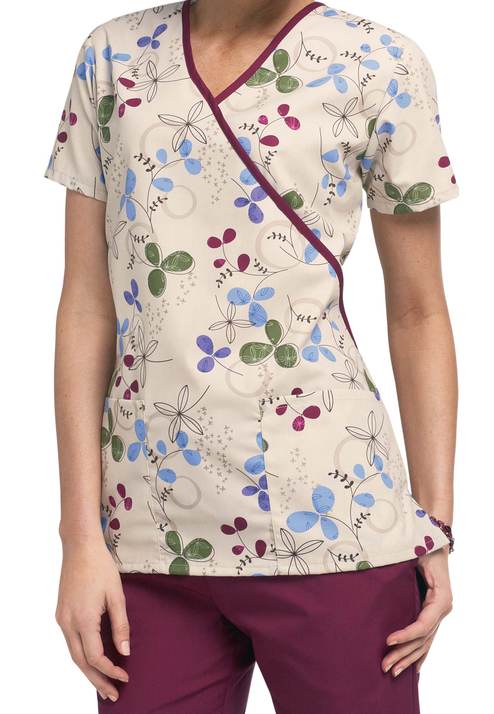 Cherokee Scrub HQ Clover Park Print Mock Wrap Print Scrub Top