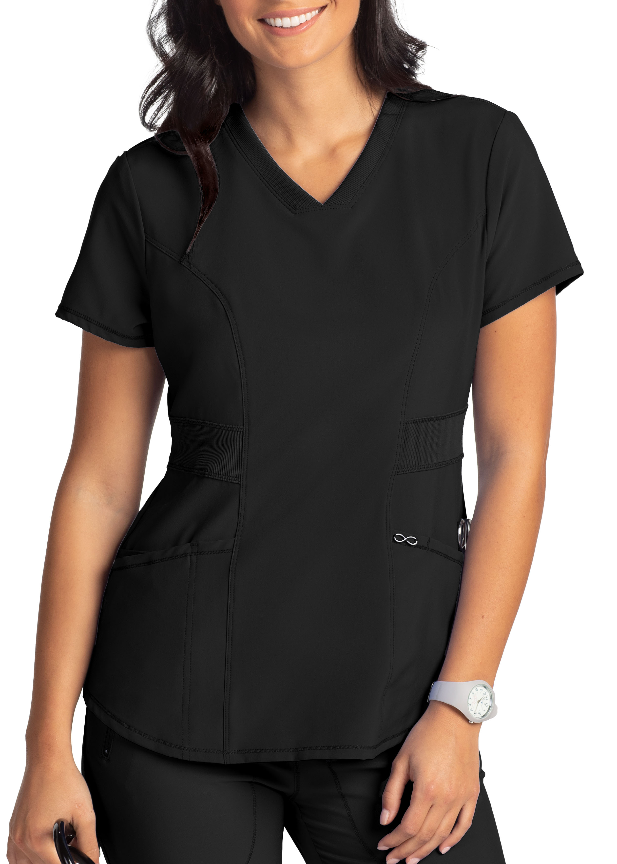 Infinity By Cherokee Knit Waist Detail V-Neck Scrub Top with Certainty