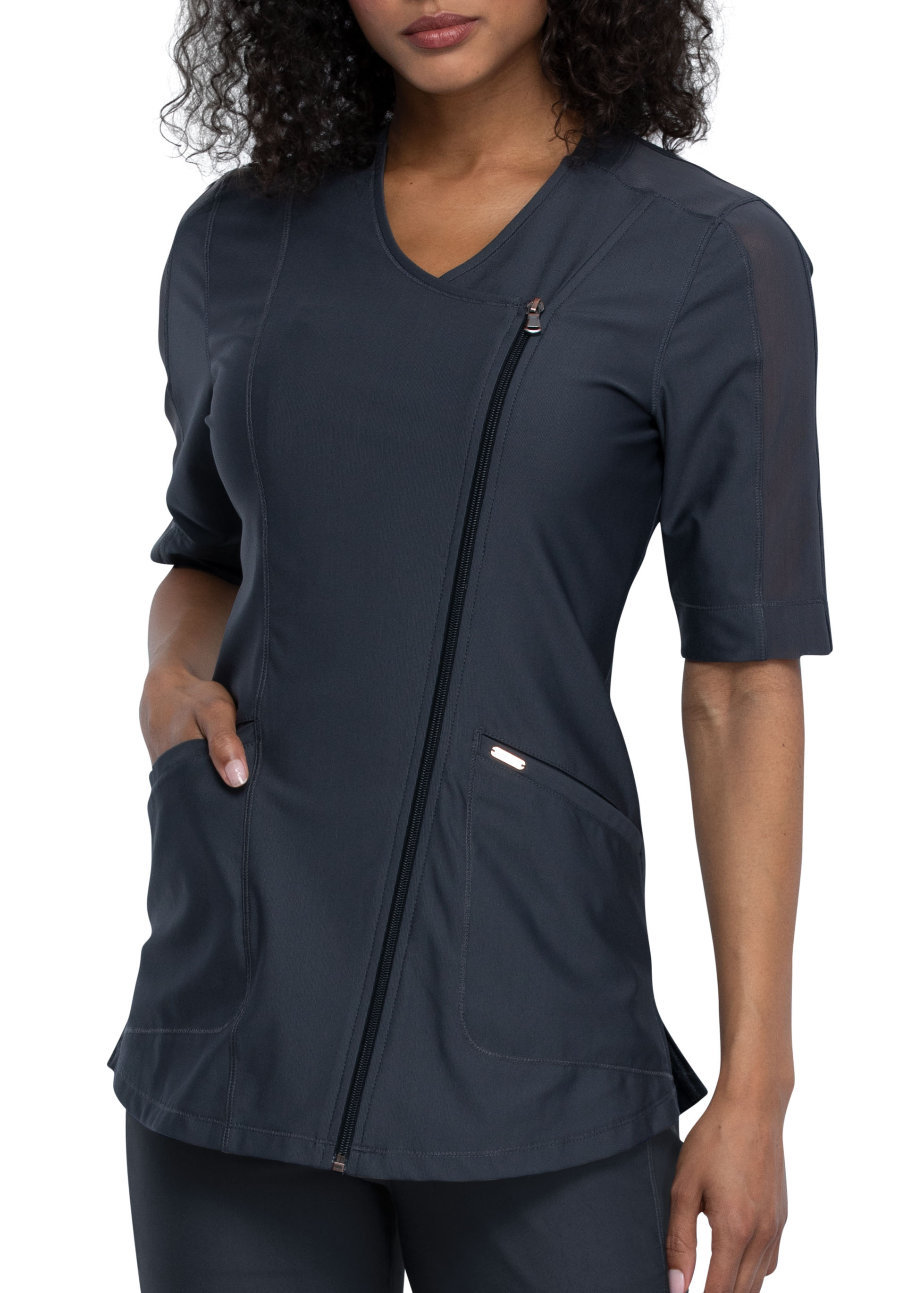 Form by Cherokee Asymetrical Zip Front Scrub Top