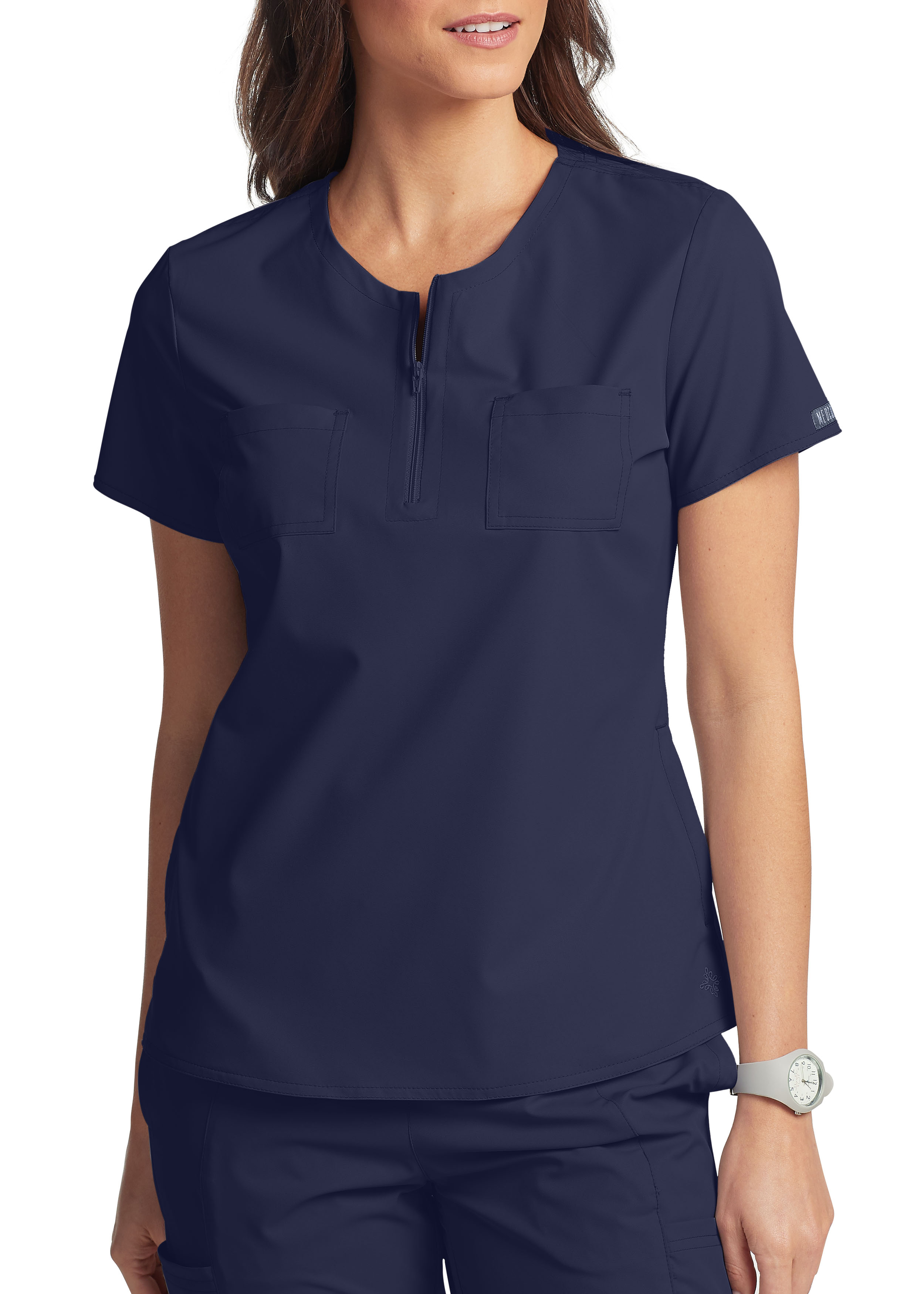 Peaches By Med Couture Double Pocket Zip Neck Scrub Top