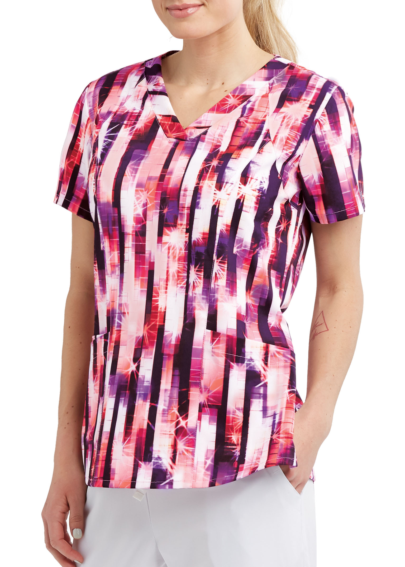 Barco One Mirrored Stripes V-Neck Print Scrub Top