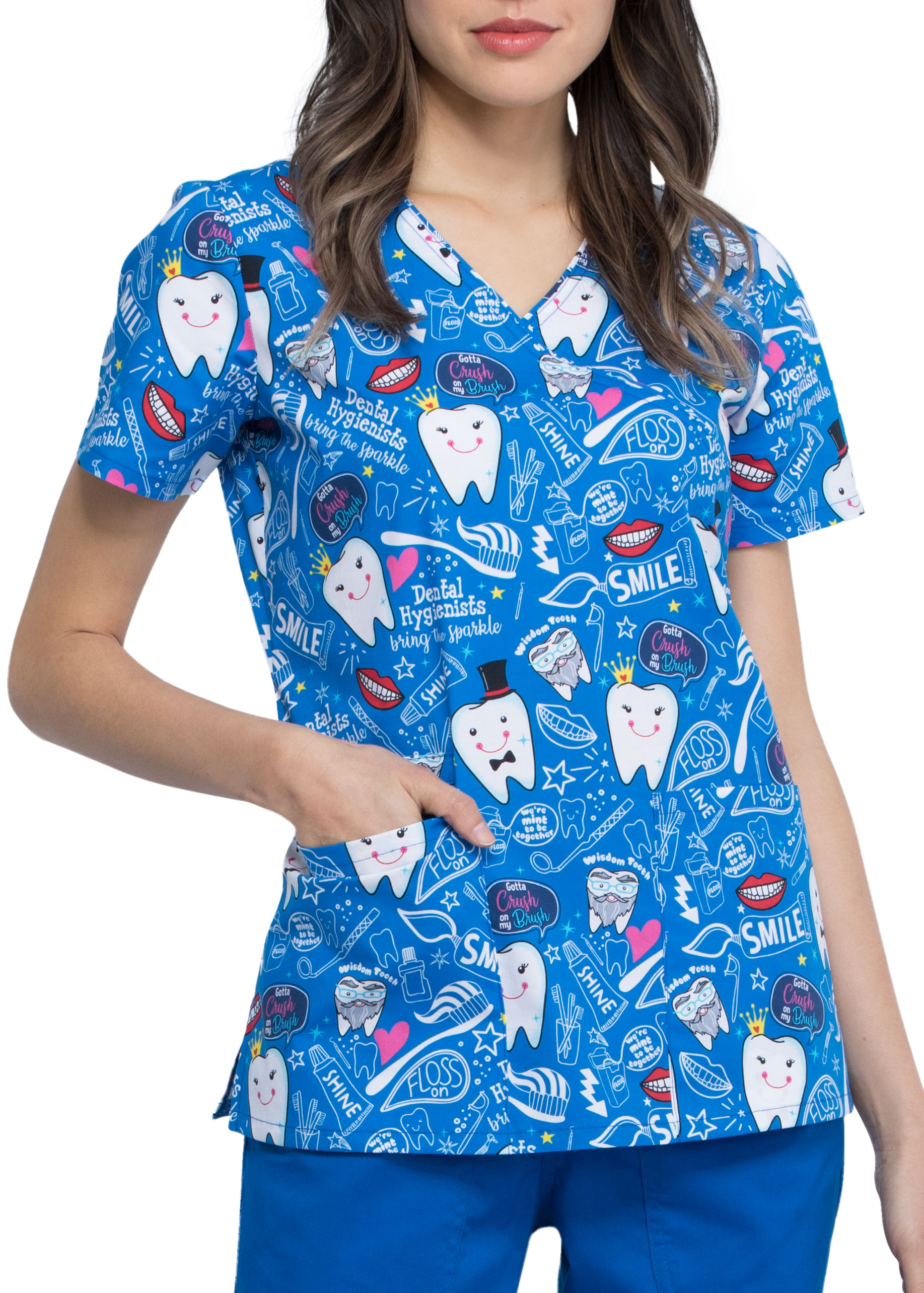 Cherokee Bring The Sparkle V-Neck Print Scrub Top