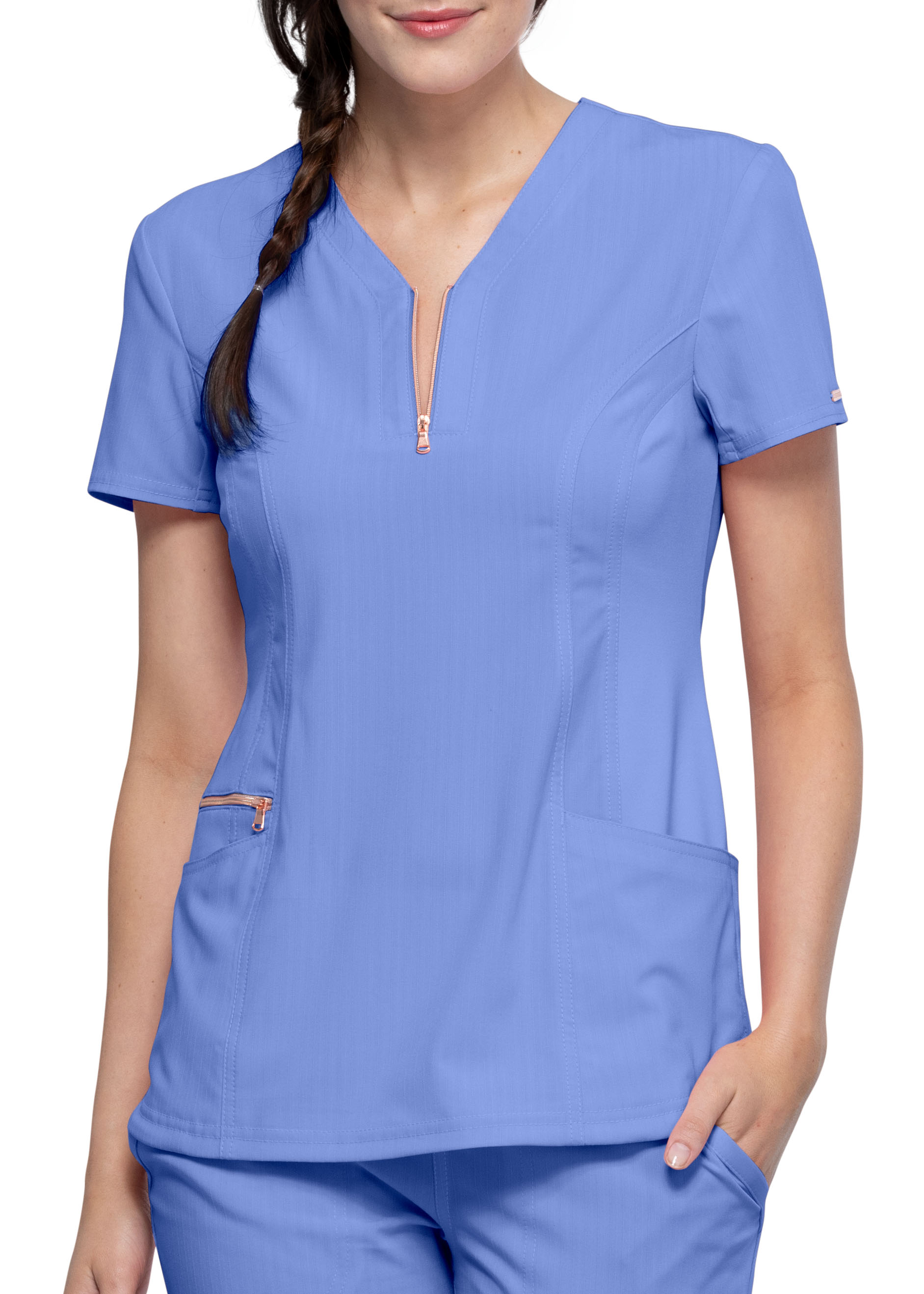 Statement By Cherokee Zip Notch Neck Knit Back Scrub Top