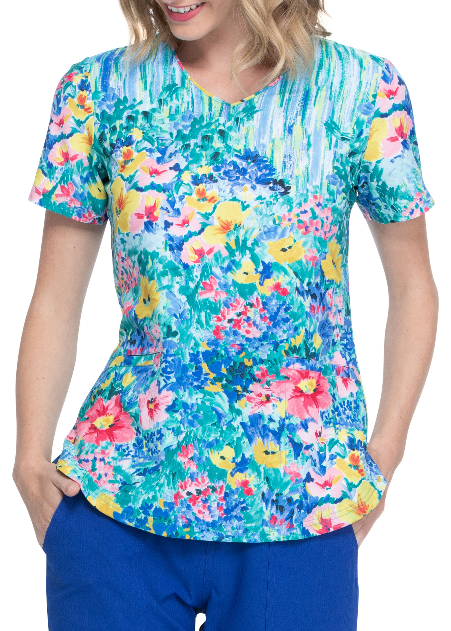 ELLE Hand Painted Posies V-Neck Print Scrub Top