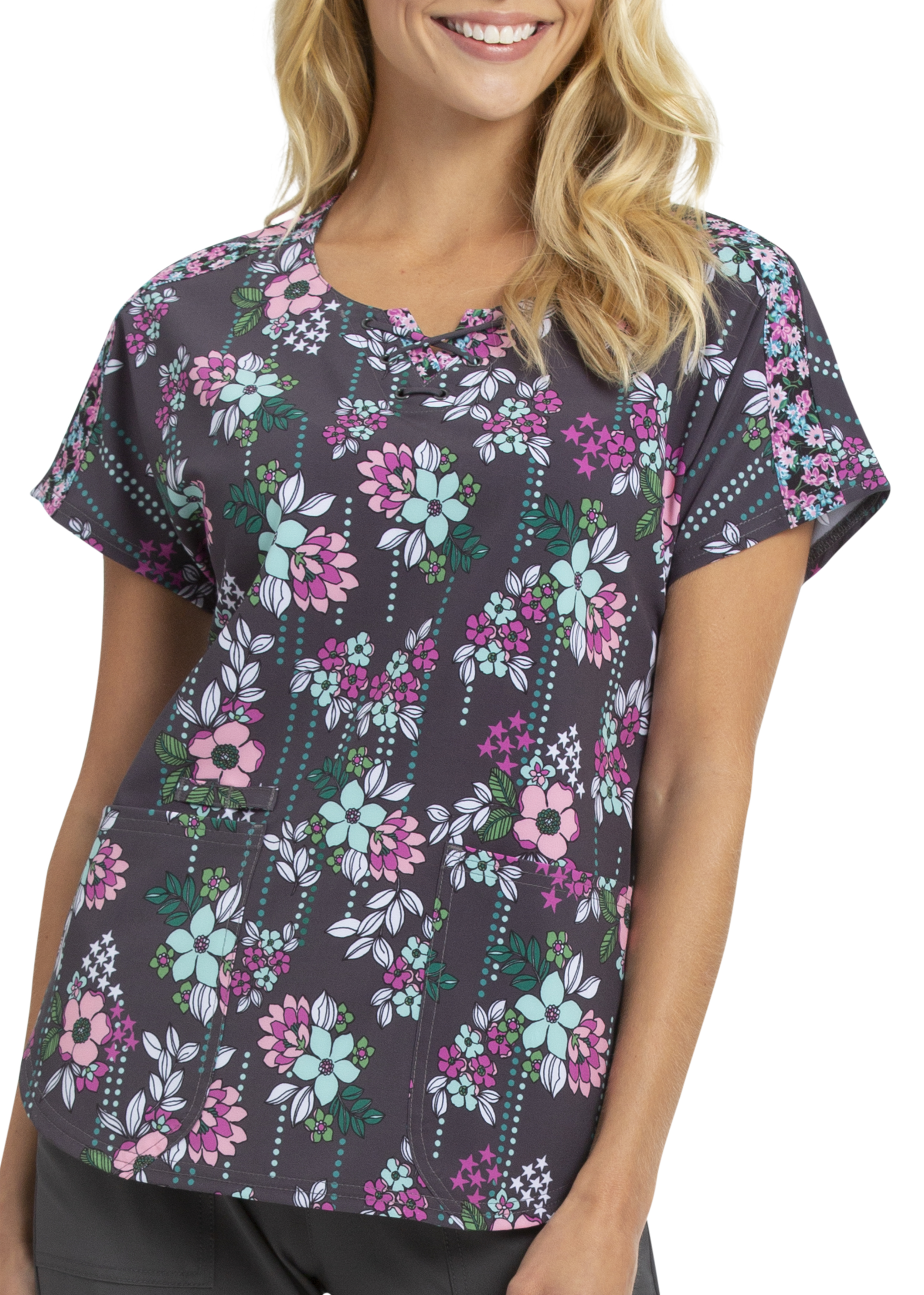 HeartSoul Love Always Midnight Garden Party Print Scrub Top