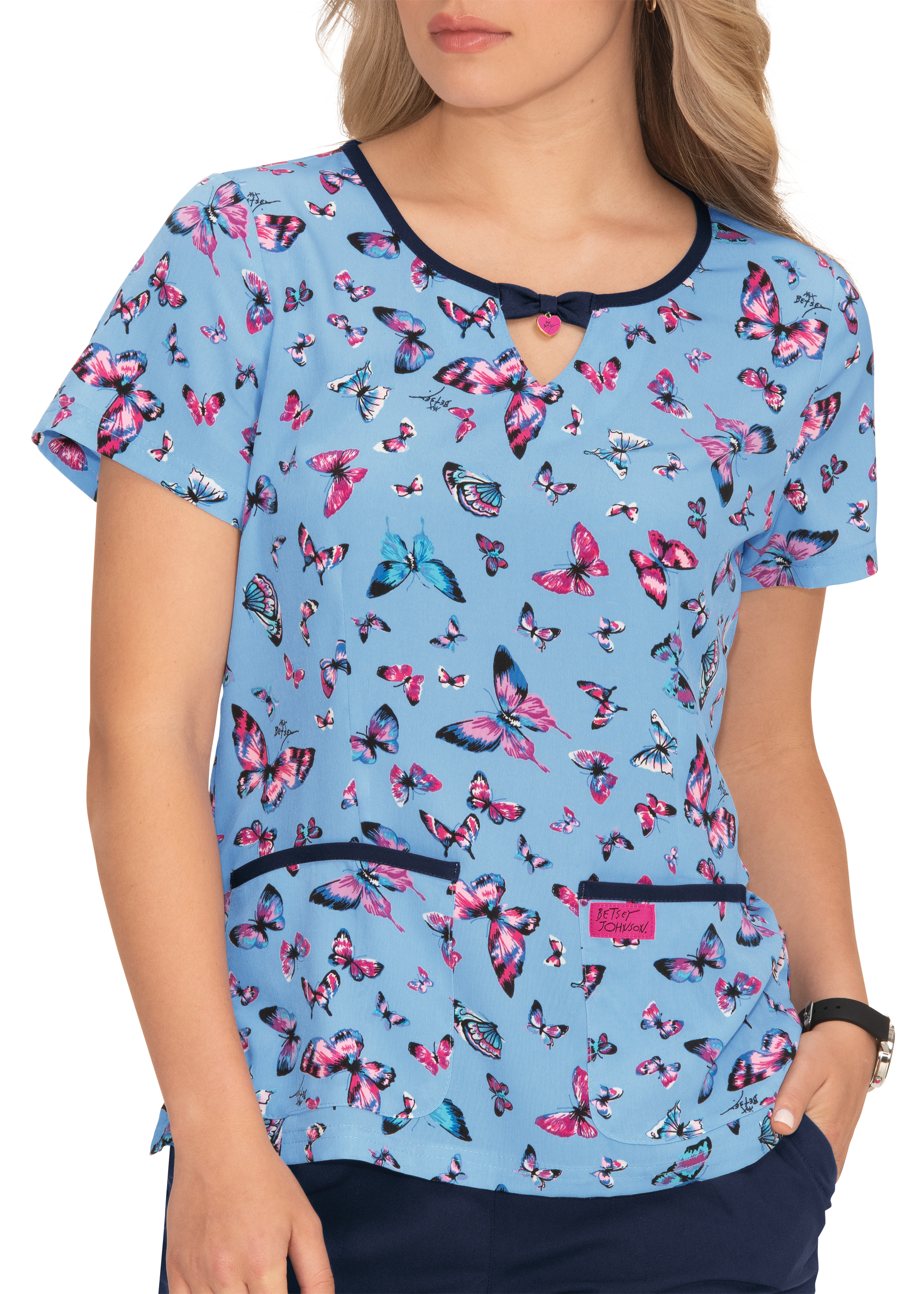 Betsey Johnson Bright Butterflies Print Scrub Top