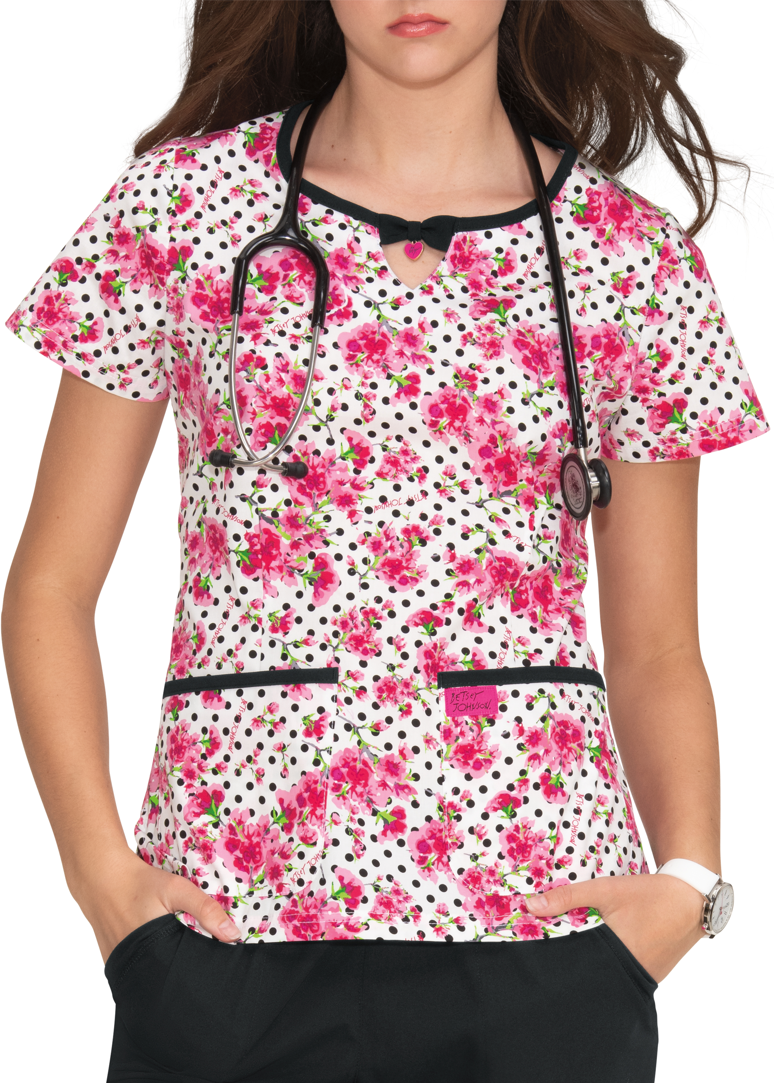 Betsey Johnson Cherry Blossom Print Scrub Top