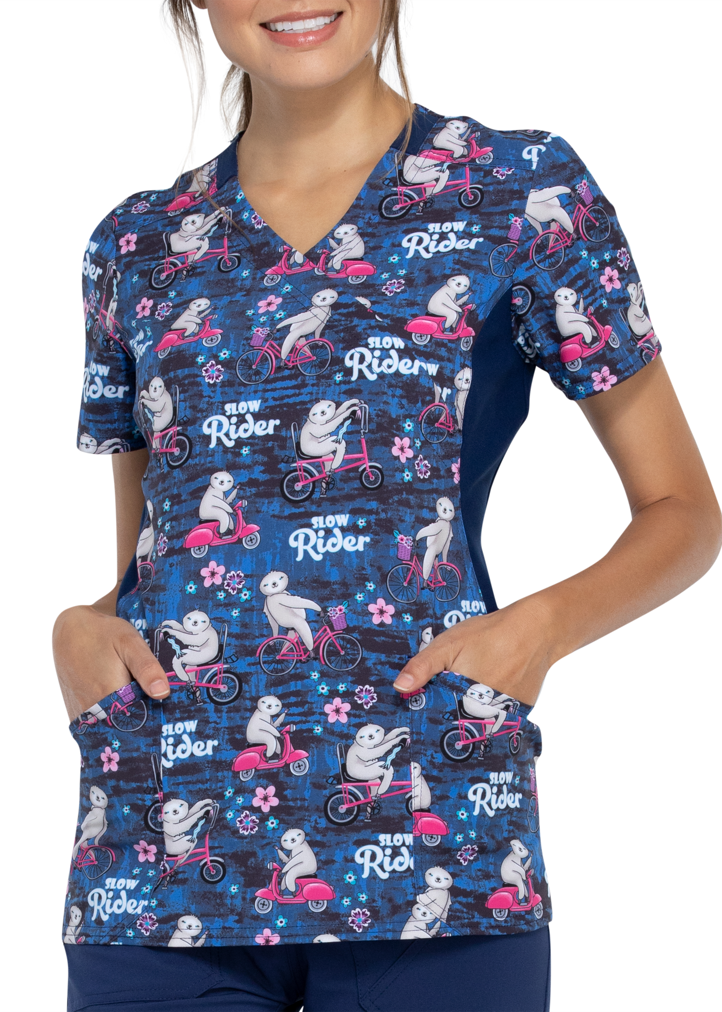 Cherokee Iflex Slow Rider Mock Wrap Print Scrub Top