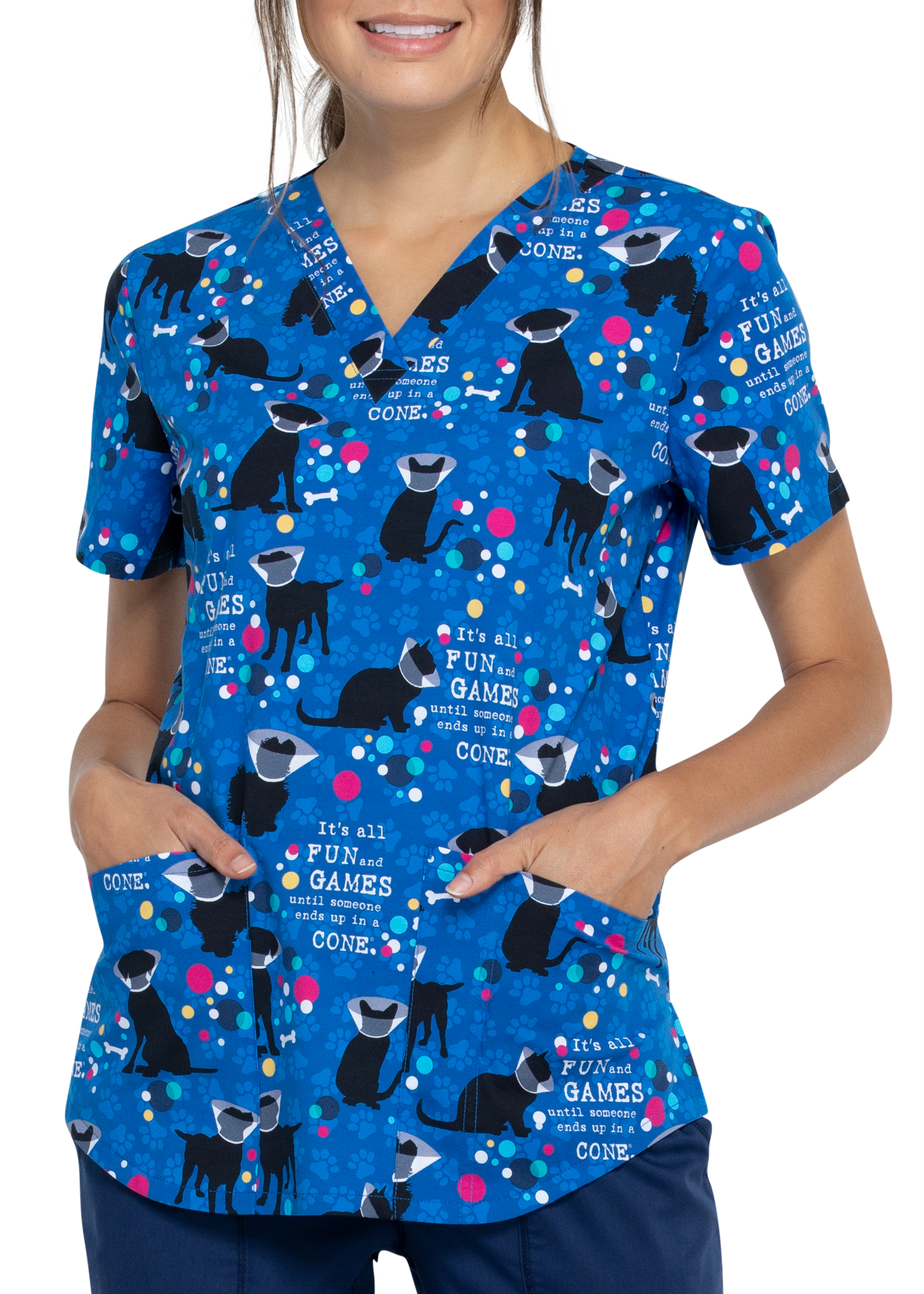 Cherokee All Fun And Games V-Neck Print Scrub Top