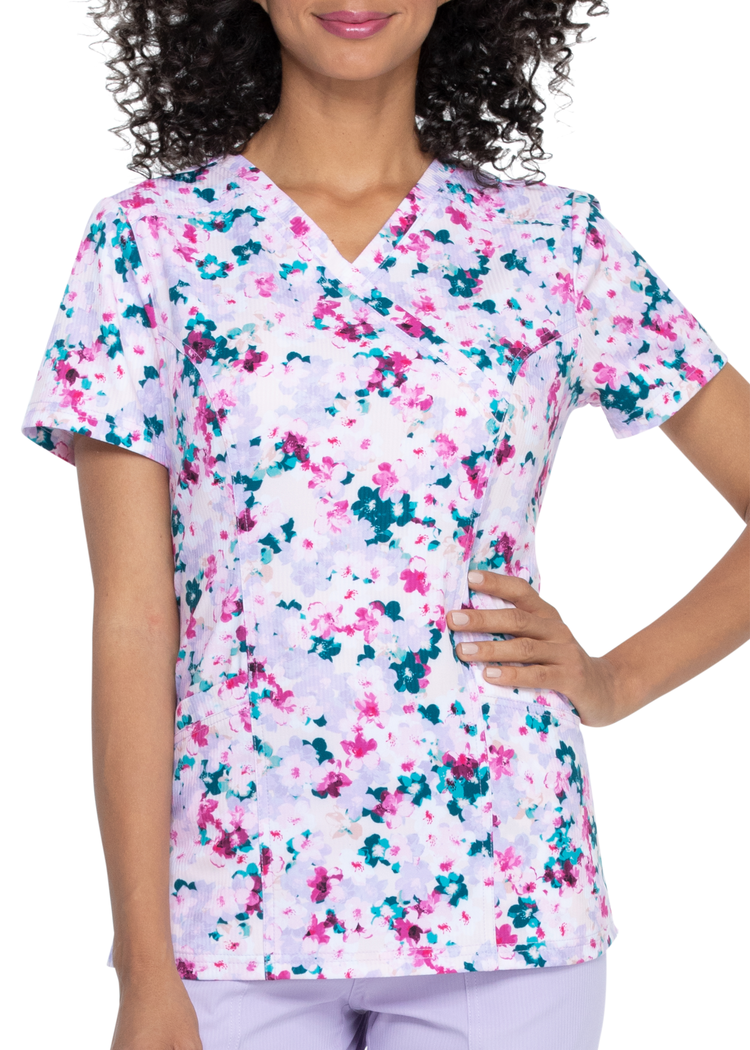 ELLE Cherry Blossom Floral Mock Wrap Print Scrub Top