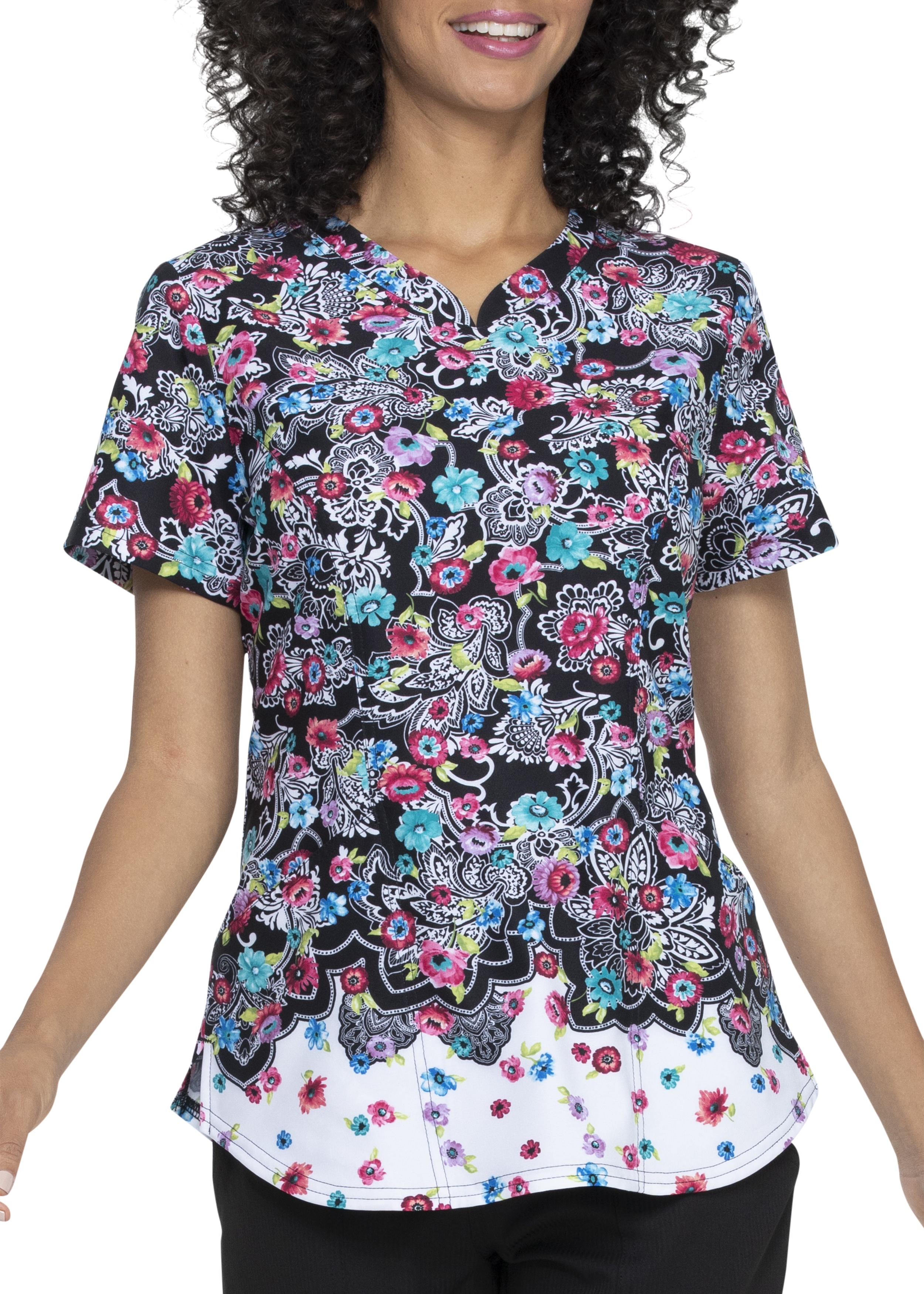 ELLE Decorative Daisies V-Neck Print Scrub Top