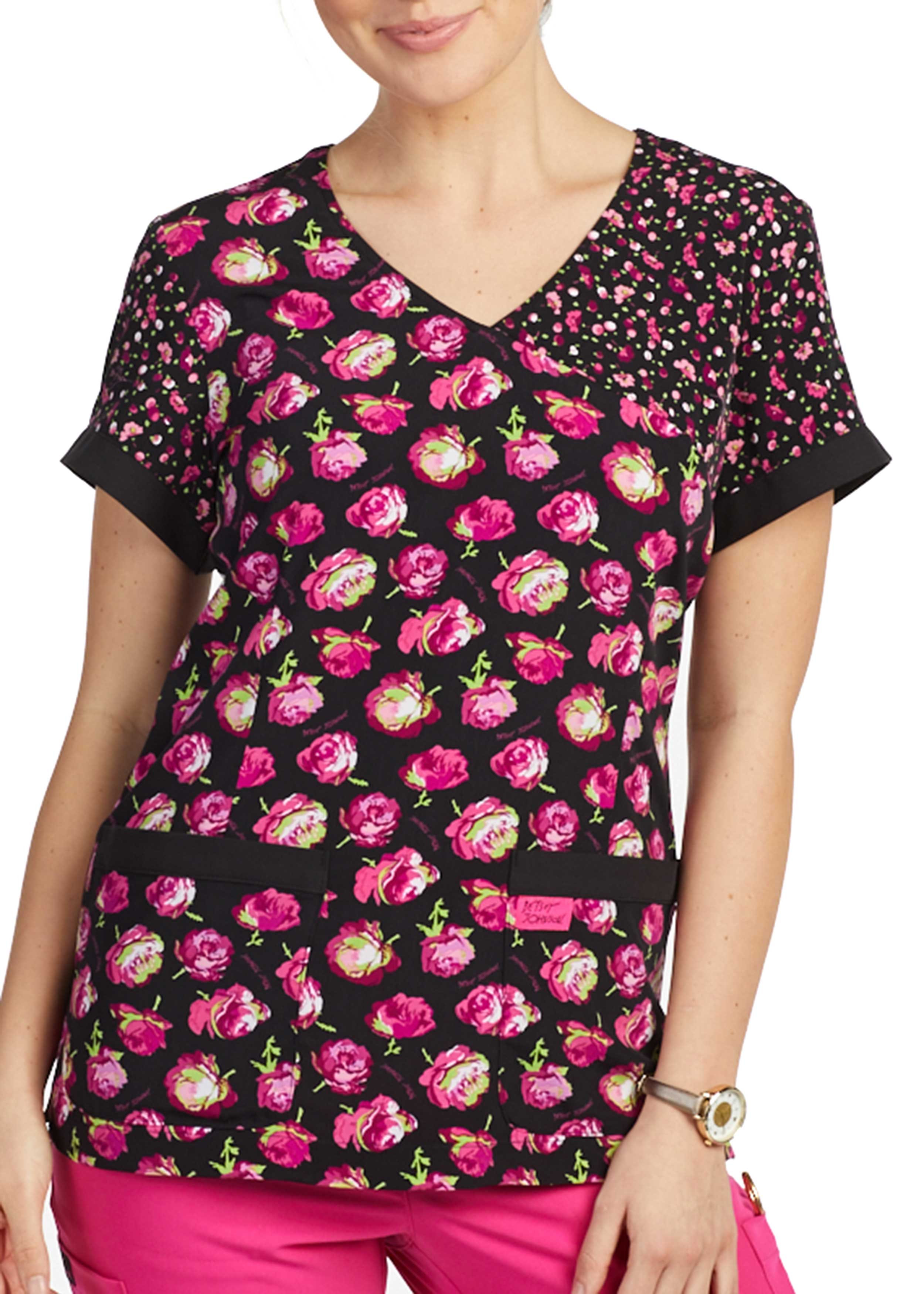 Betsey Johnson Rose Garden V-Neck Print Scrub Top