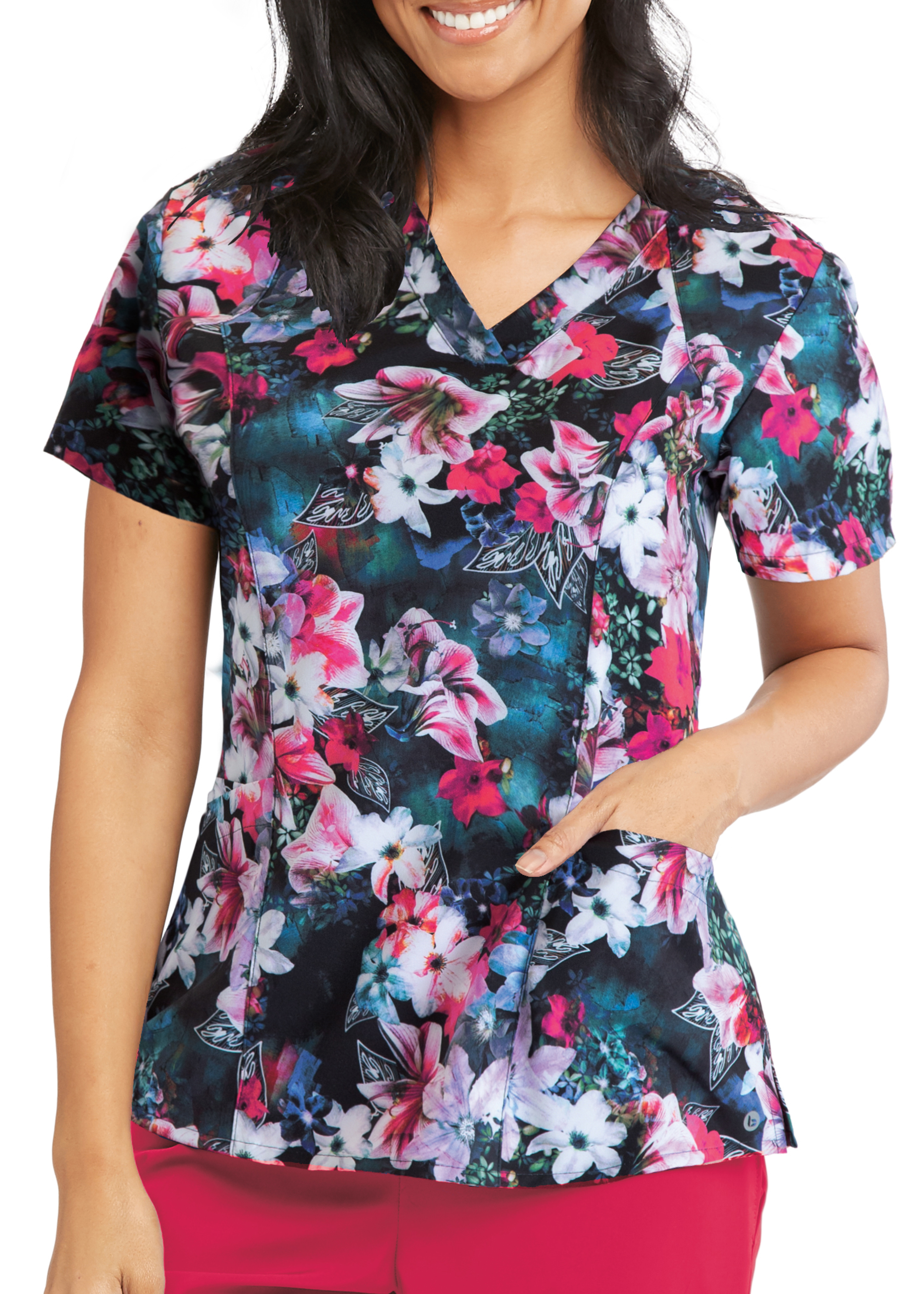 Barco One Tropical Rain Forest V-Neck Print Scrub Top