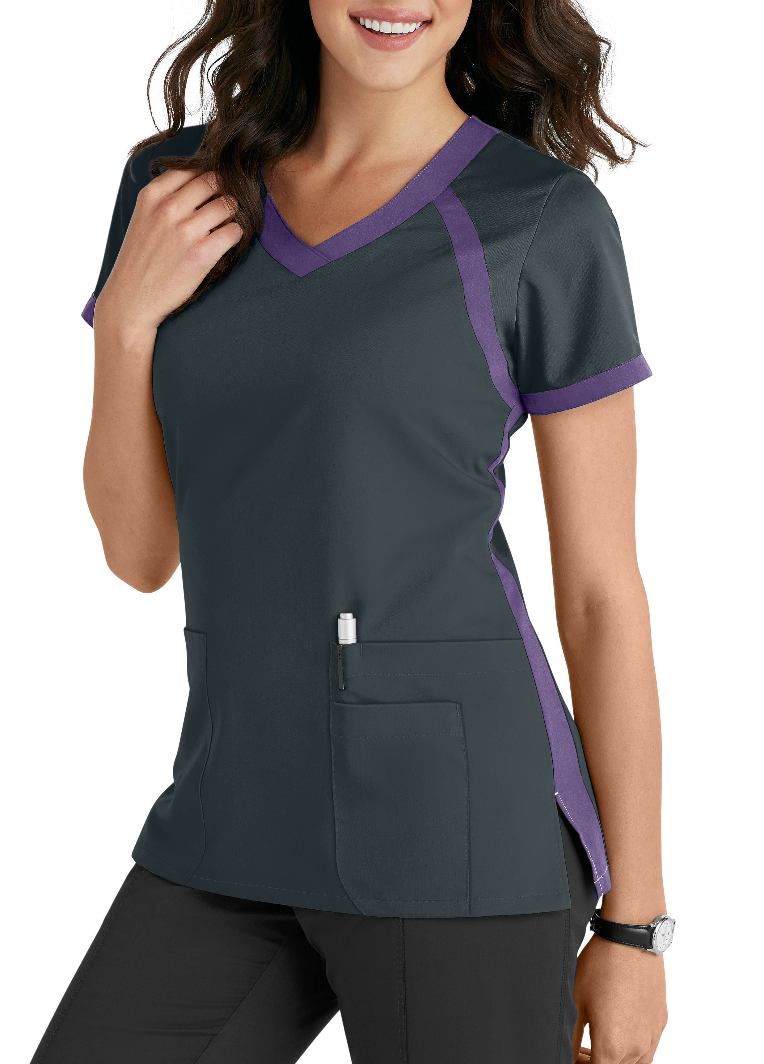 Grey's Anatomy 3 Pocket Color Block V-Neck Scrub Top