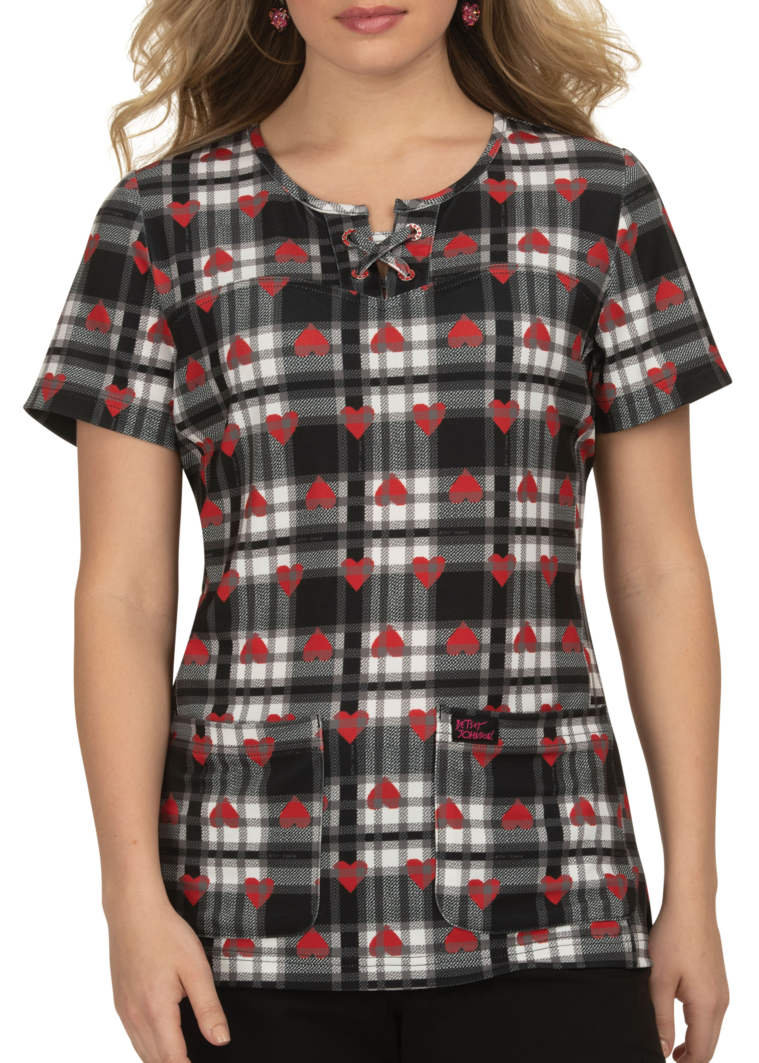 Betsey Johnson Heart Plaid Print Scrub Top