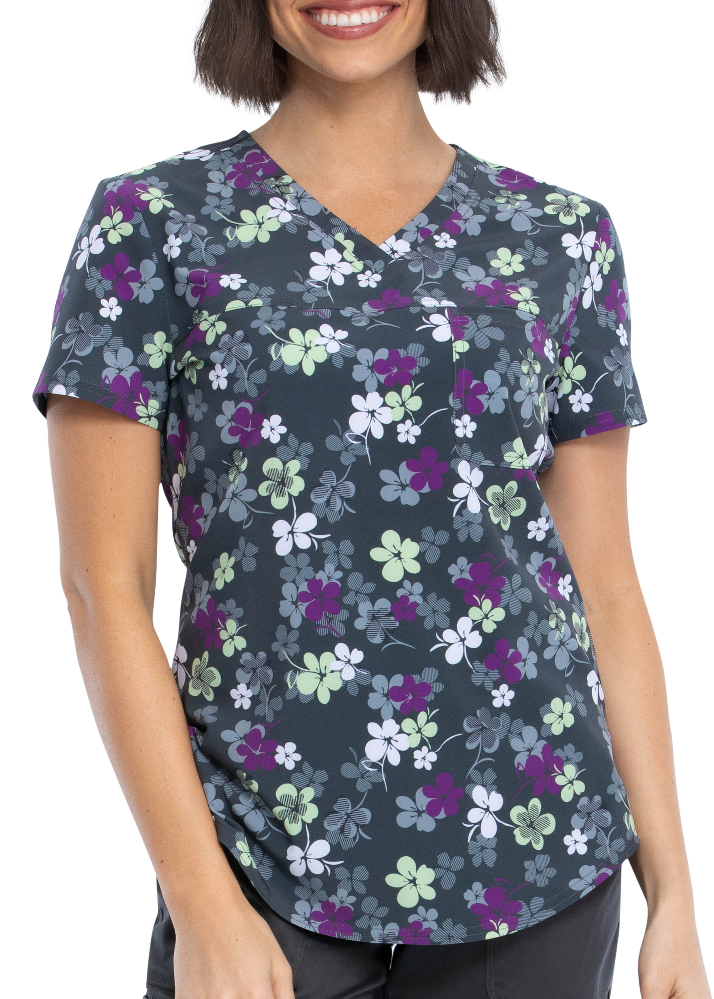 Cherokee Lovely Lines V-Neck Print Scrub Top