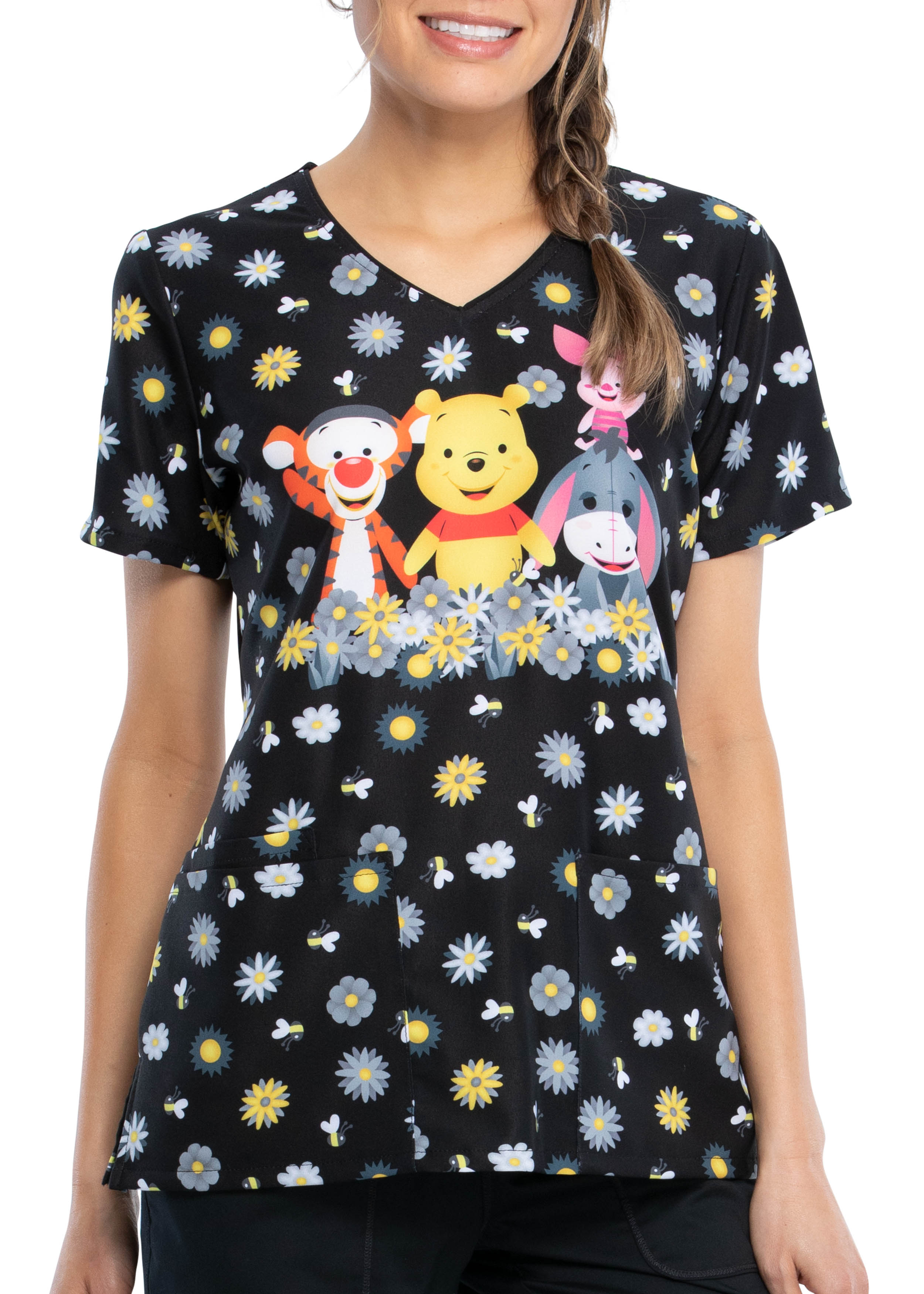 Cherokee Tooniforms Sunshine Pooh V-Neck Print Scrub Top