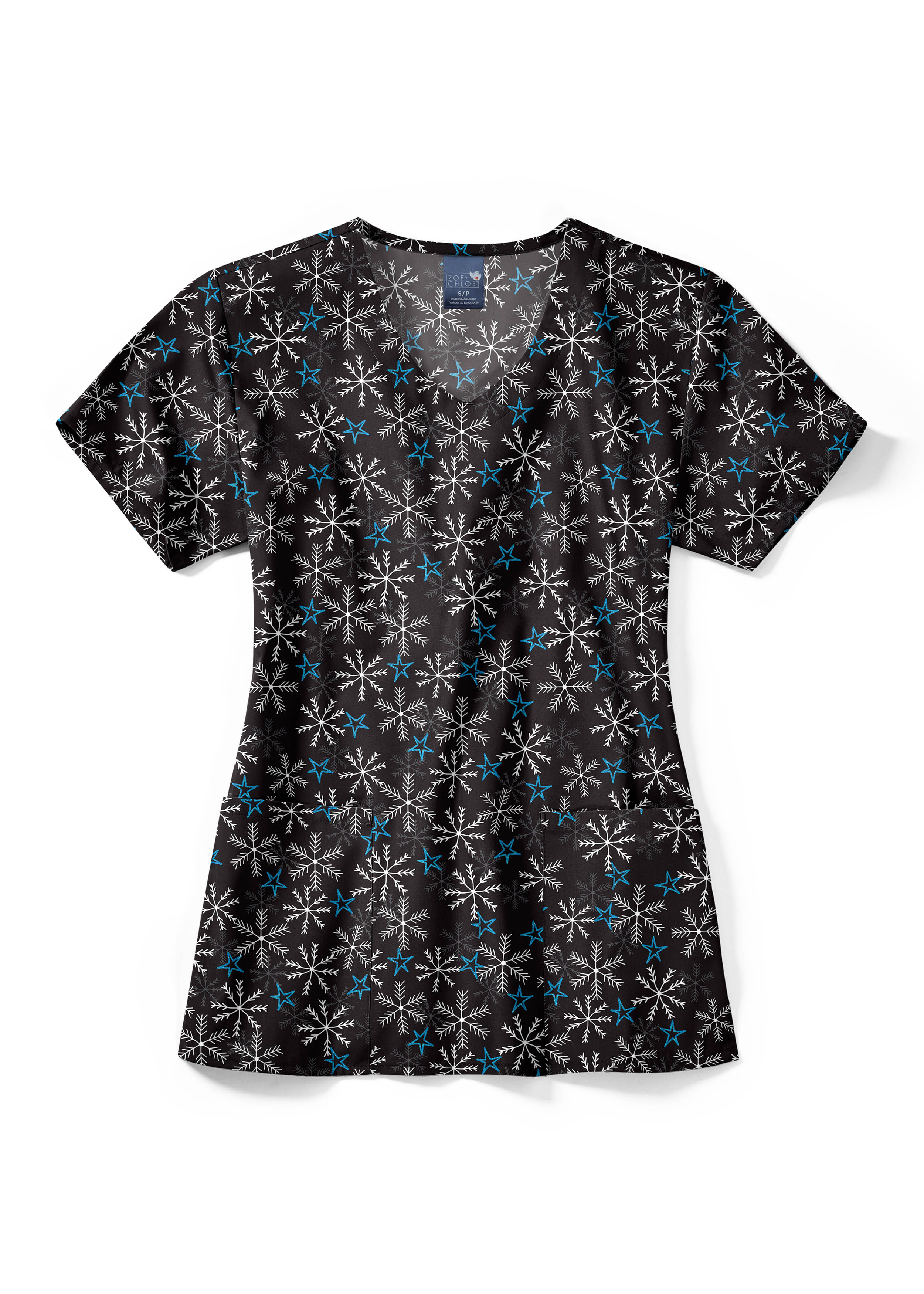 Zoe + Chloe Winter Nights Mock Wrap Print Scrub Top